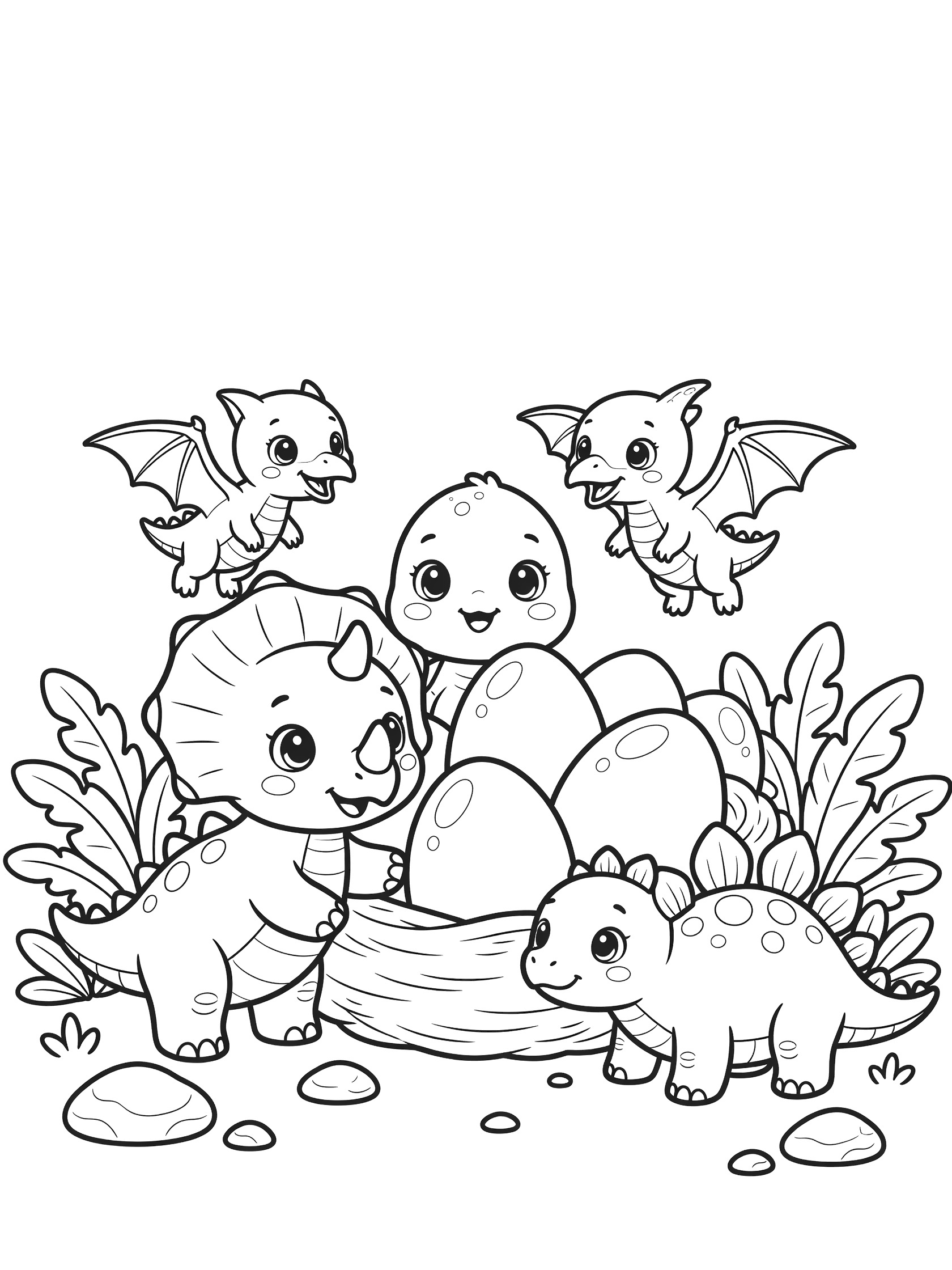 Black and white coloring page showing four baby dinosaurs with wings guarding a nest of eggs surrounded by leaves and rocks. Dinosaur Eggs themed black and white printable line art