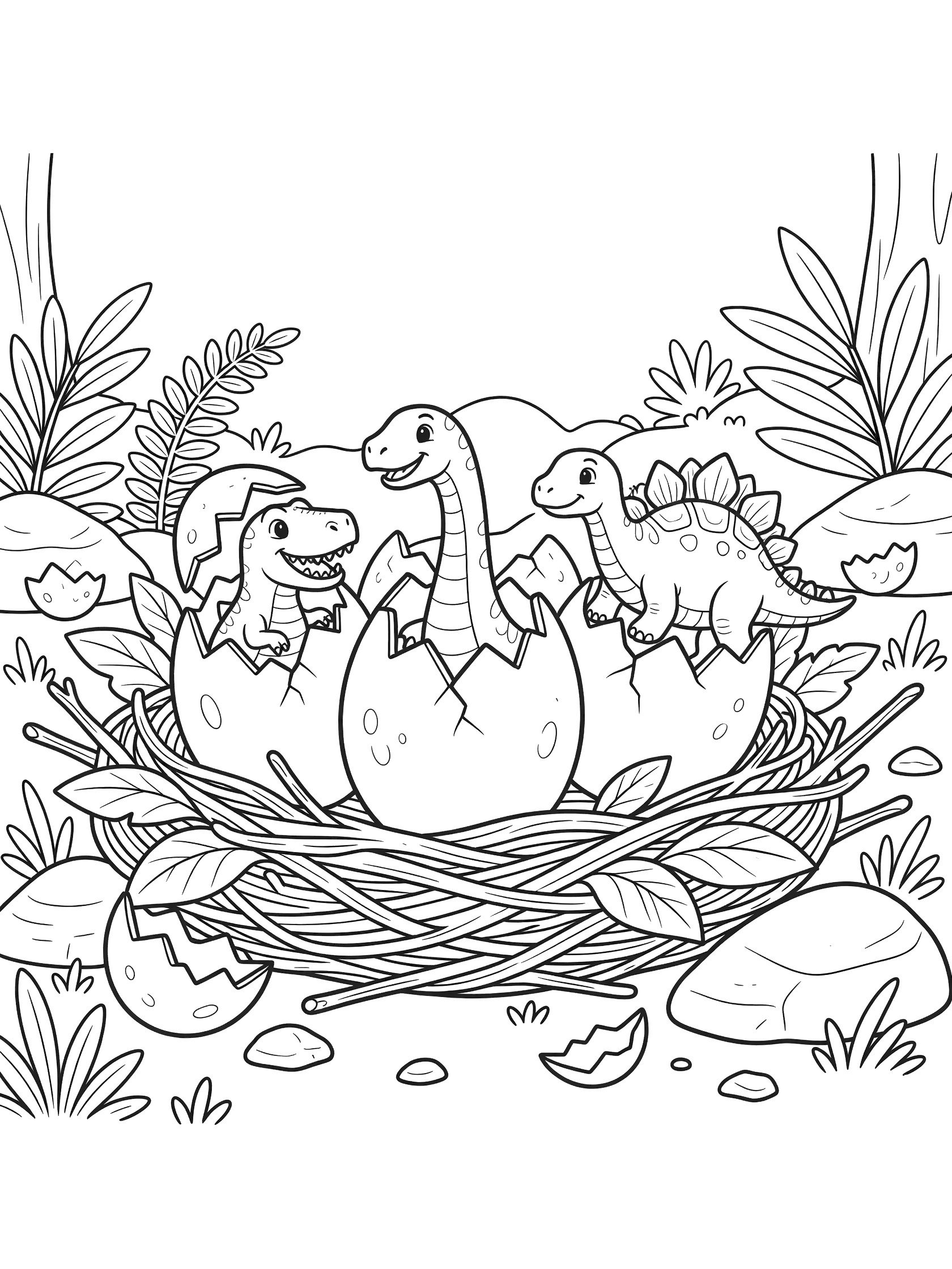 Dinosaur eggs coloring page showing three eggs in a twig nest cracking open with cute baby T-rex grinning, long-necked sauropod stretching, and plated stegosaurus emerging in a forest glade.