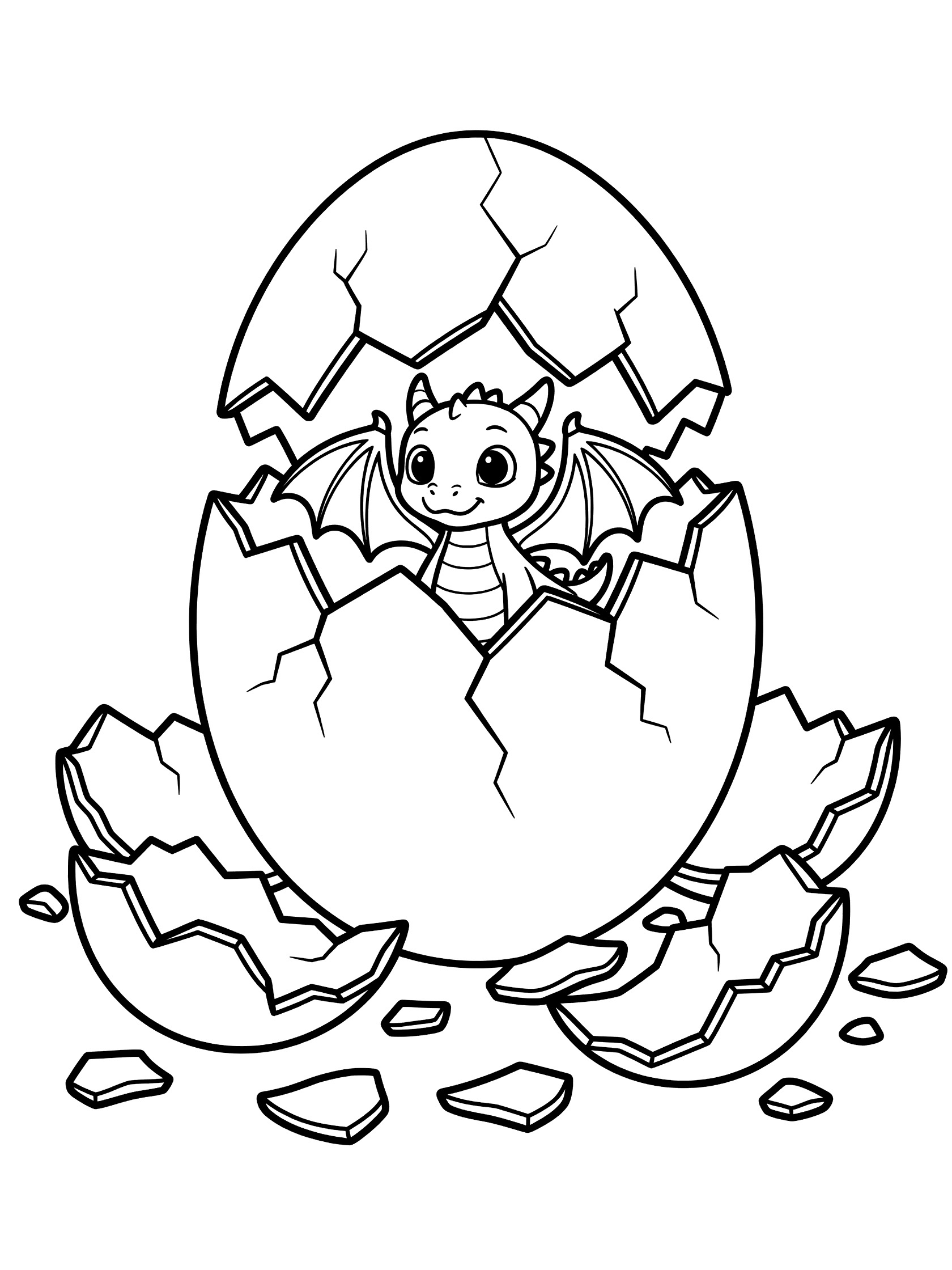 Black and white line art coloring page showing a tiny baby dragon peeking out from a cracked open egg surrounded by shell fragments. Dragon Egg themed black and white printable line art