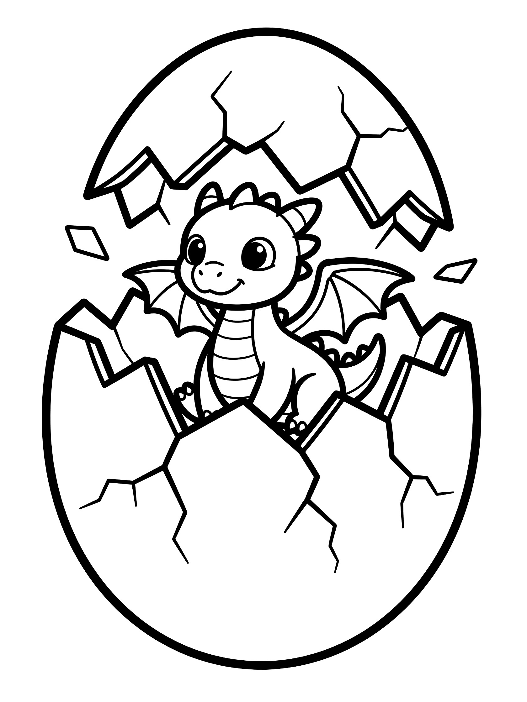Black and white line art coloring page showing a cute baby dragon with big eyes and tiny wings hatching out of a large egg with cracks and shell pieces. Dragon Egg themed black and white printable line art
