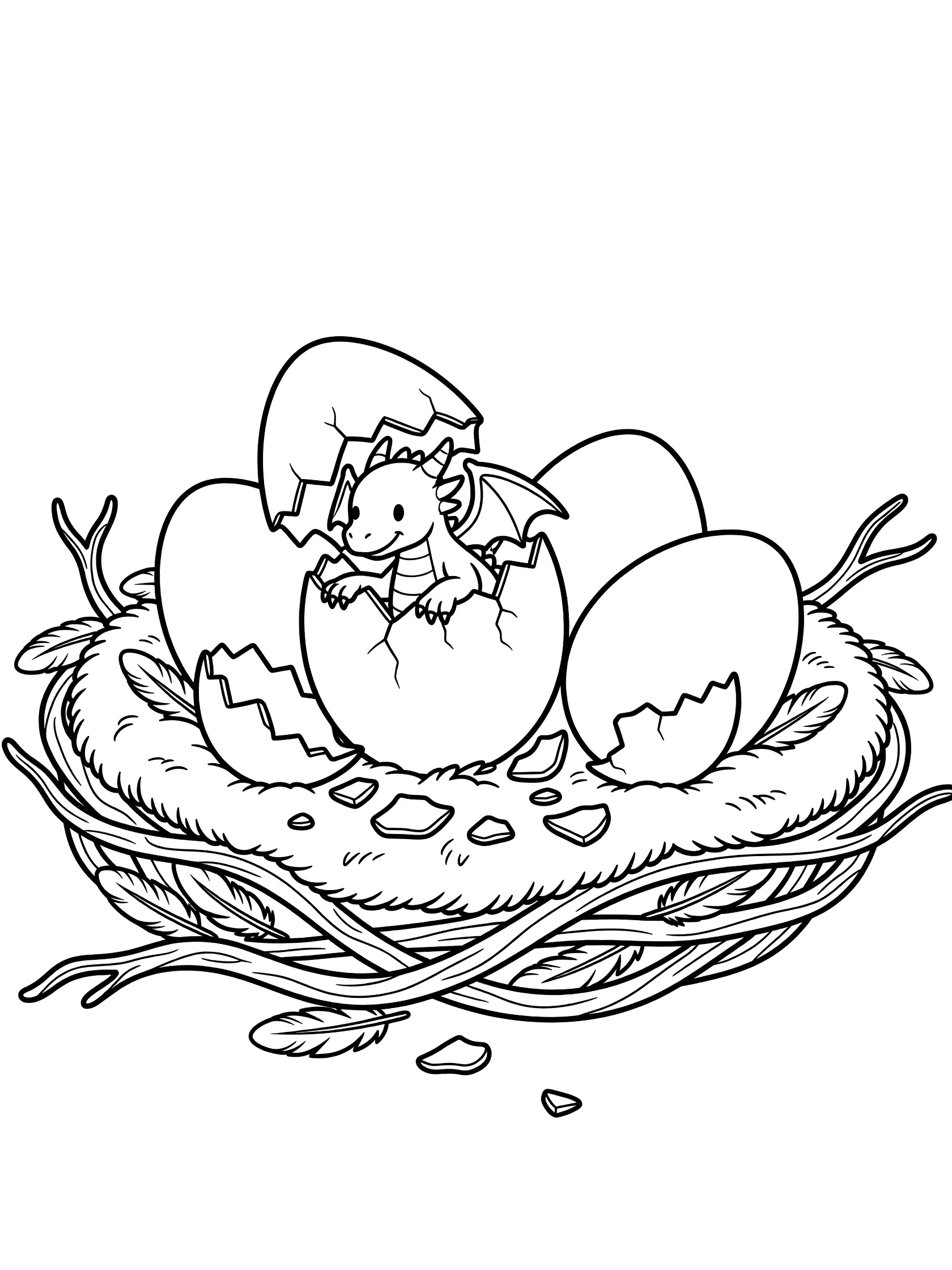 Black and white line art coloring page showing a baby dragon cracking open an egg in a nest made of branches and feathers, with shell pieces and two wobbling eggs nearby. Dragon Nest themed black and white printable line art