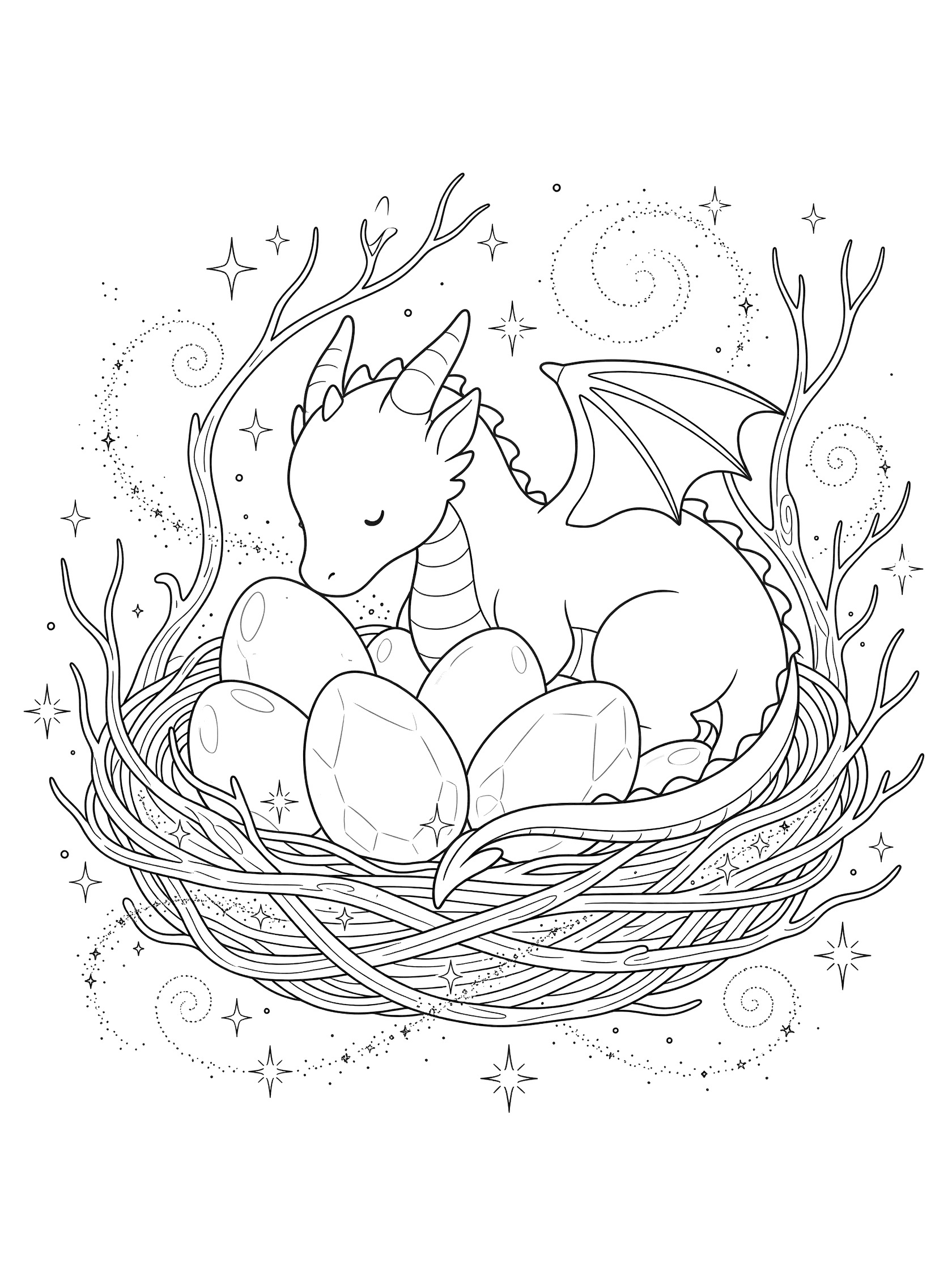 Black and white coloring page of a baby dragon nuzzling crystal eggs in a nest made of twigs, surrounded by swirls and sparkles. Dragon Nest themed black and white printable line art