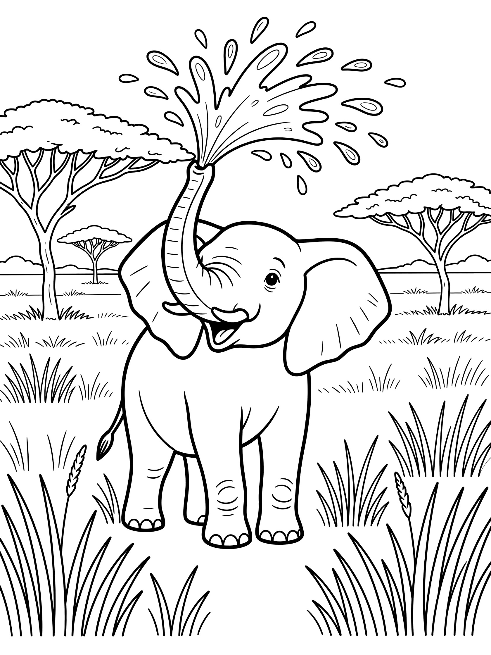 Printable coloring page showing a joyful baby elephant with trunk raised spraying water droplets, surrounded by tall grass and acacia trees on a savanna