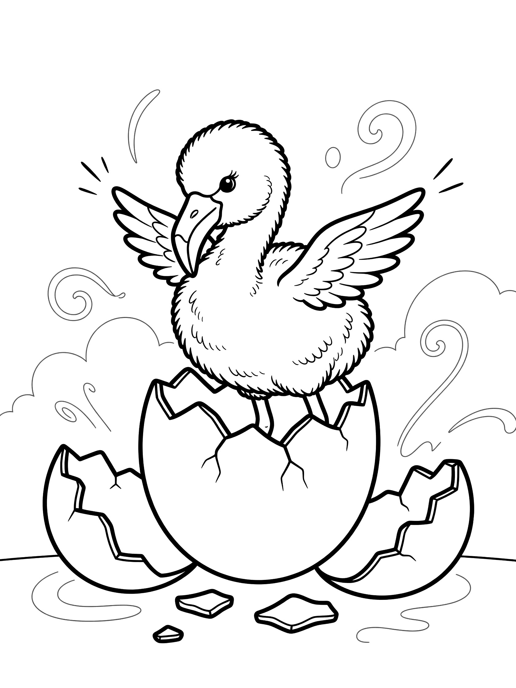 Black and white line art coloring page showing a fluffy baby flamingo chick breaking out of a cracked egg with flapping wings and motion lines.