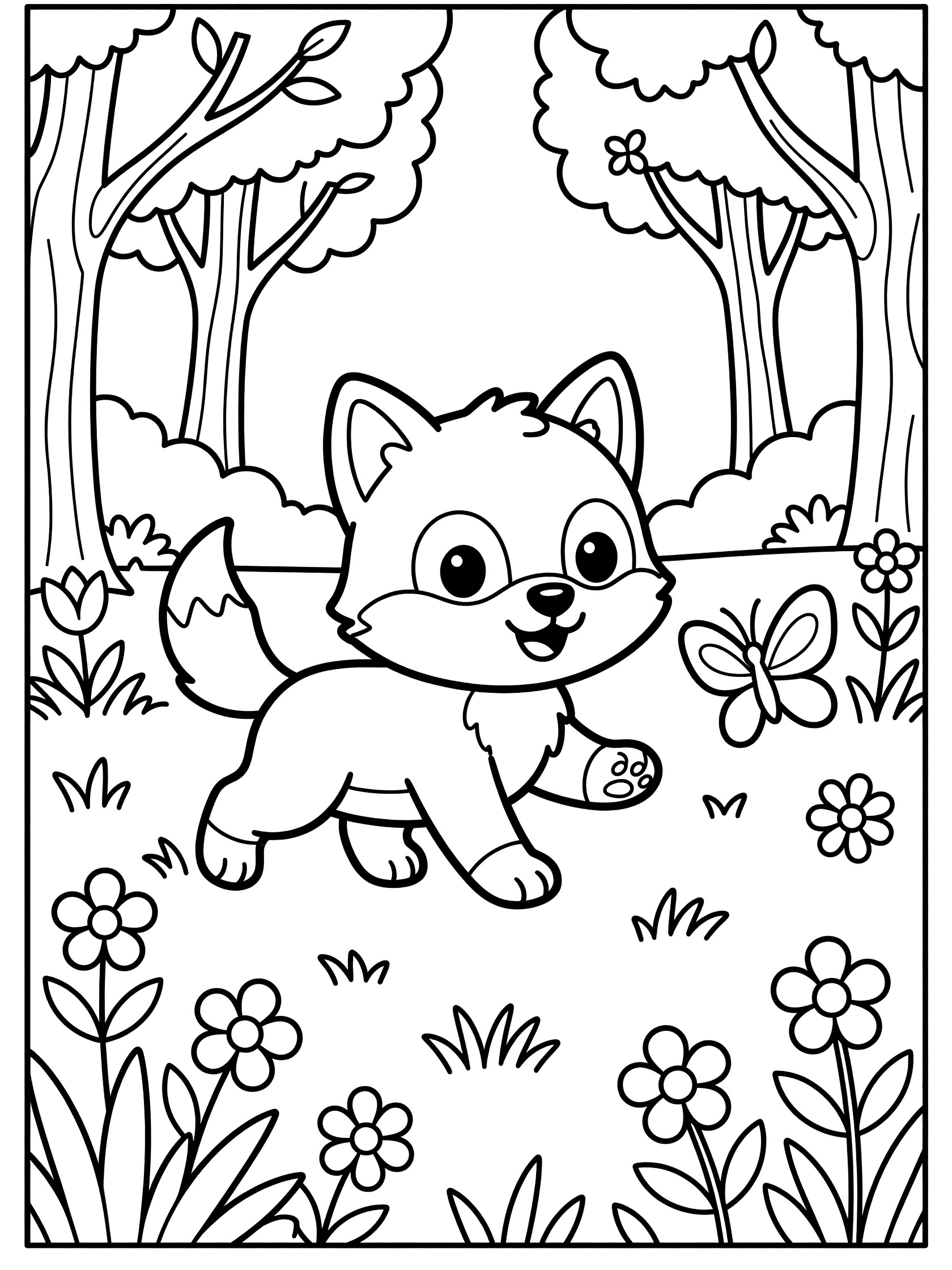 Black and white line art coloring page showing a playful baby fox running after a butterfly in a sunny forest clearing with trees, grass and flowers. Wolf themed black and white printable line art