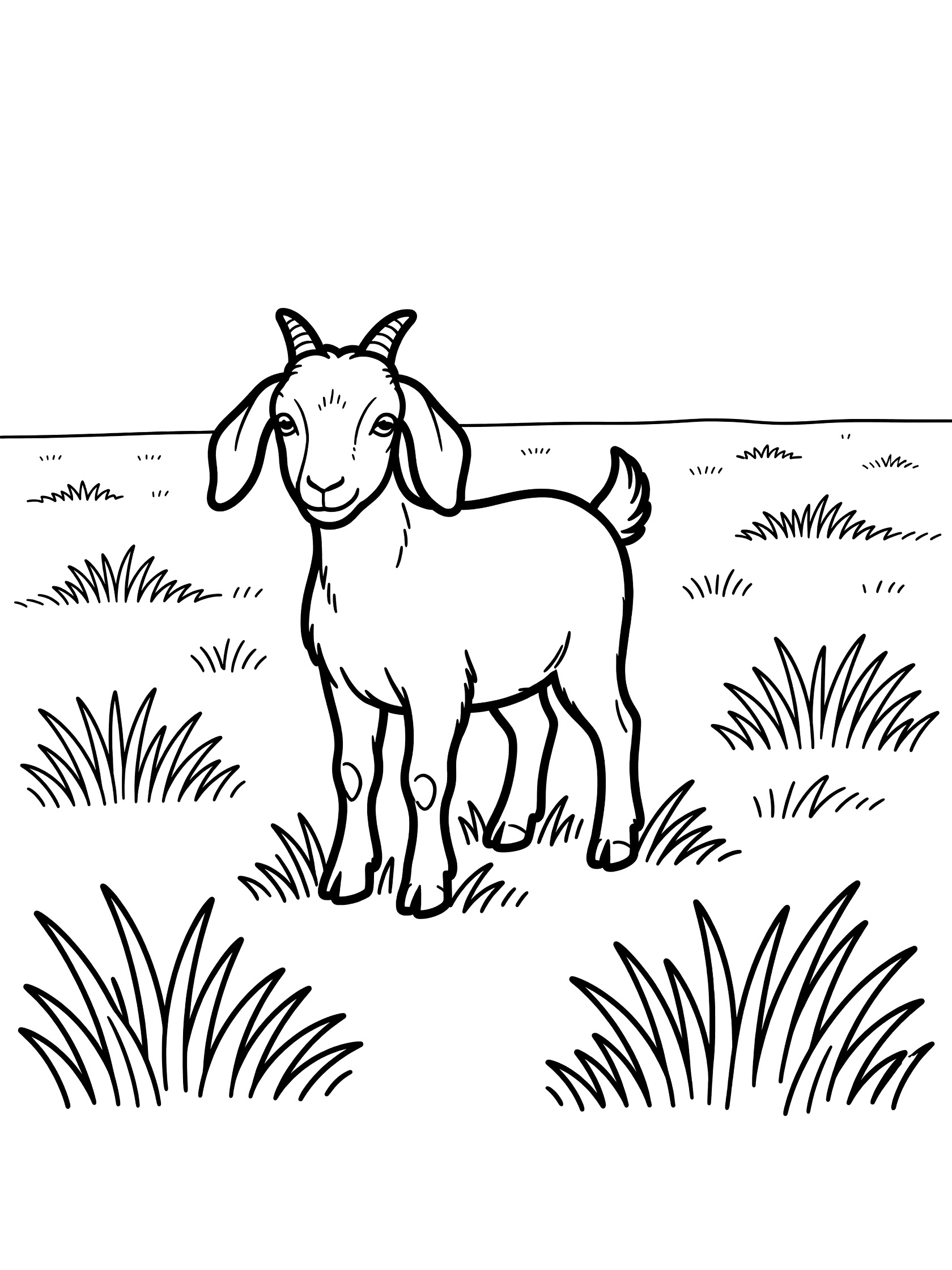 Black and white line art coloring page showing a curious baby goat with floppy ears, small horns, and tail standing on a field with grass tufts around its hooves. Goats themed black and white printable line art