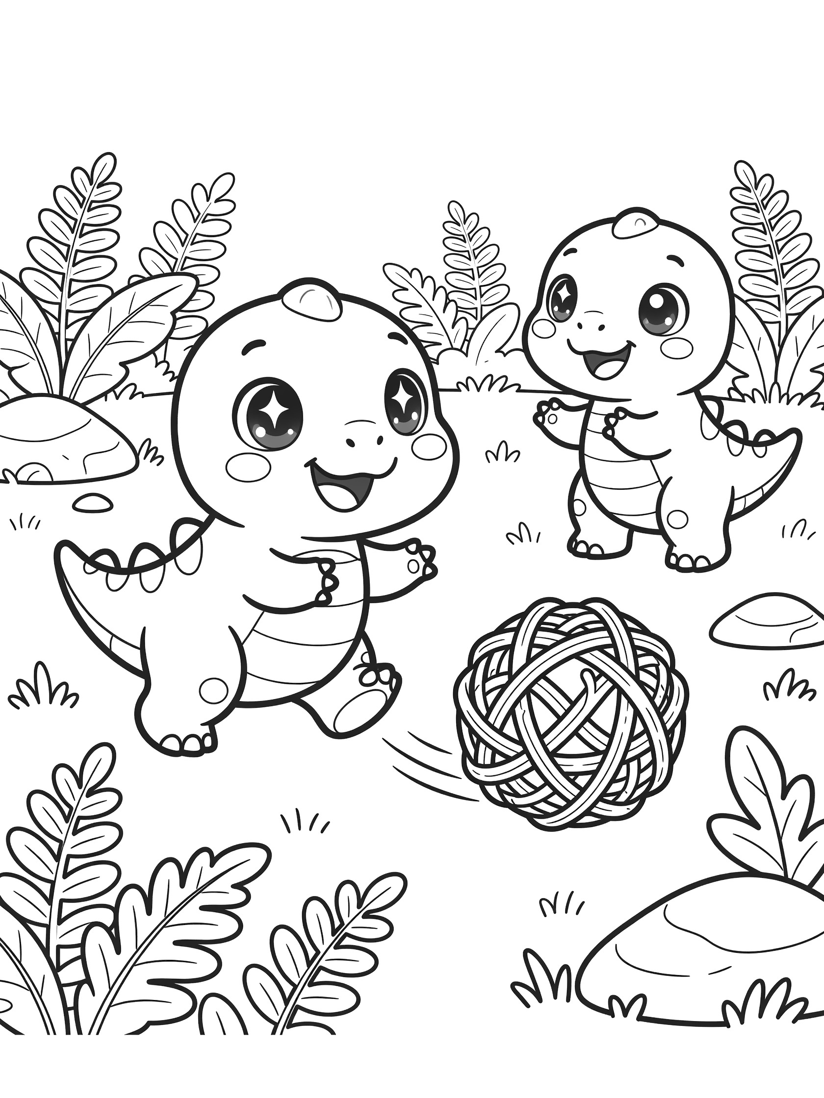 Kawaii baby Gorgosaurus dinosaurs in line art: one chases a round woven ball, the other claps and giggles amid ferns, rocks, and grass on white background