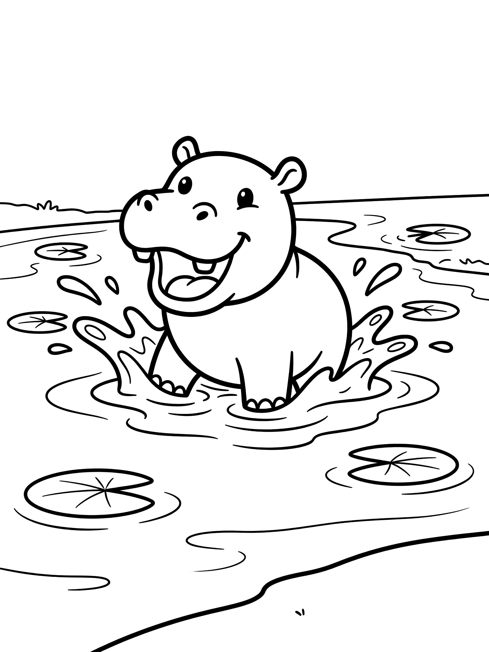 Cute cartoon baby hippo with big smile splashing water in river with lily pads, black and white line art coloring page. Hippopotamus themed black and white printable line art