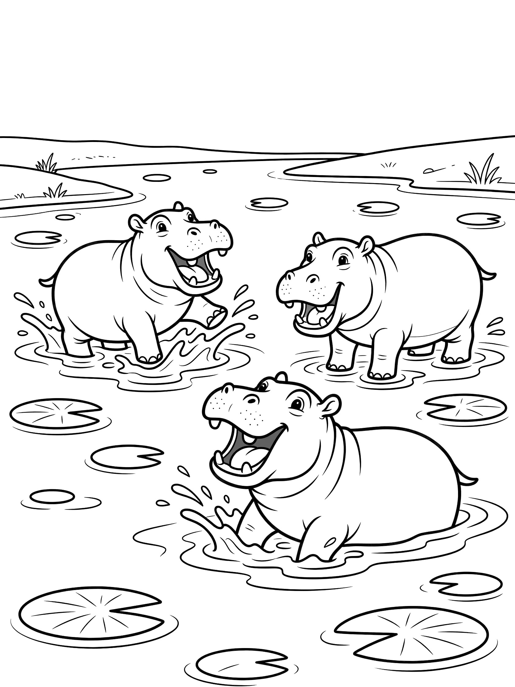 Black and white line art coloring page showing three cute baby hippos splashing and playing in a shallow pond with water splashes and floating lily pads. The Nile River themed black and white printable line art