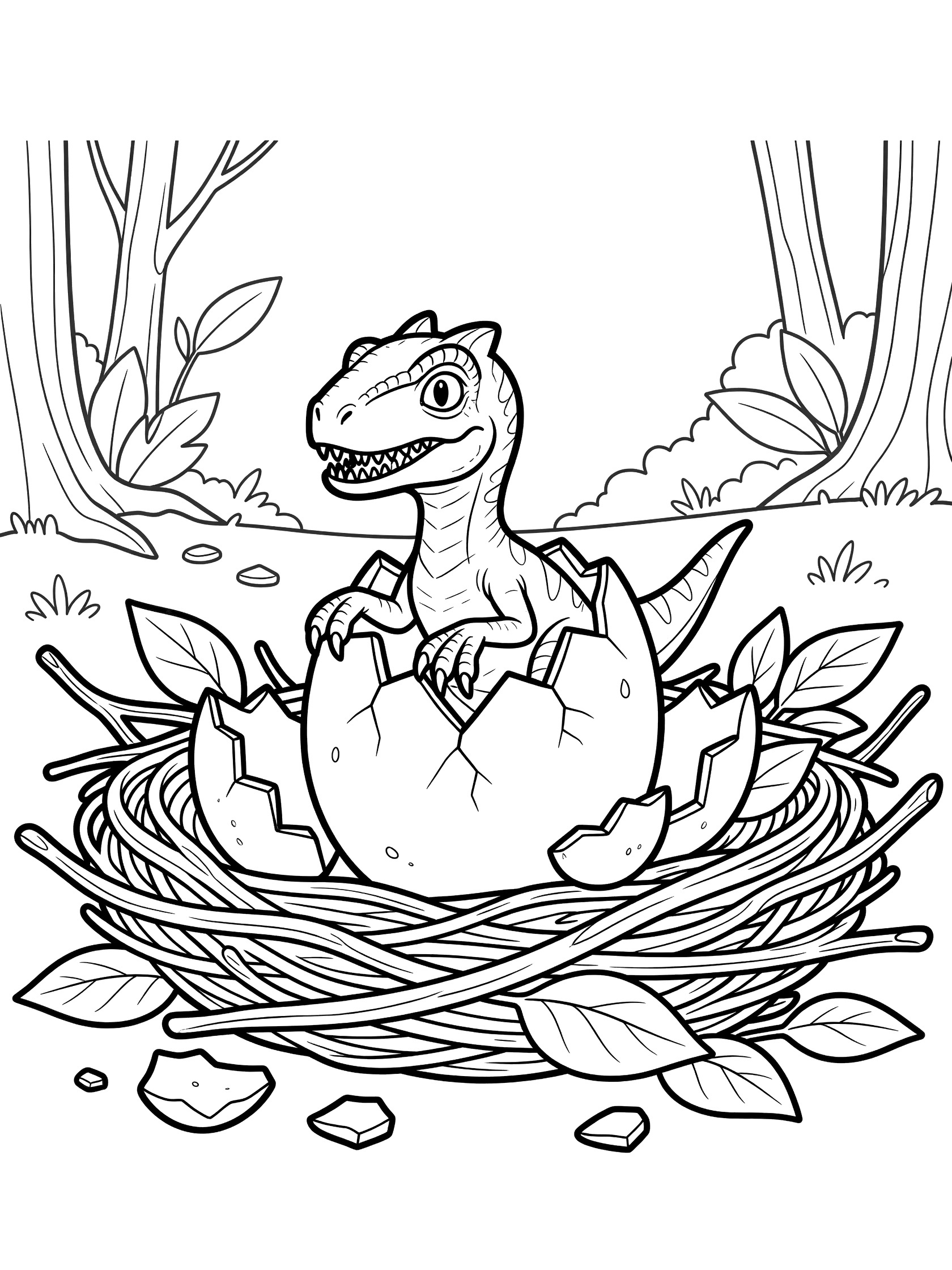 Simple line art coloring page showing a baby Indoraptor peeking out of a large cracked egg in a nest surrounded by forest trees and leaves.