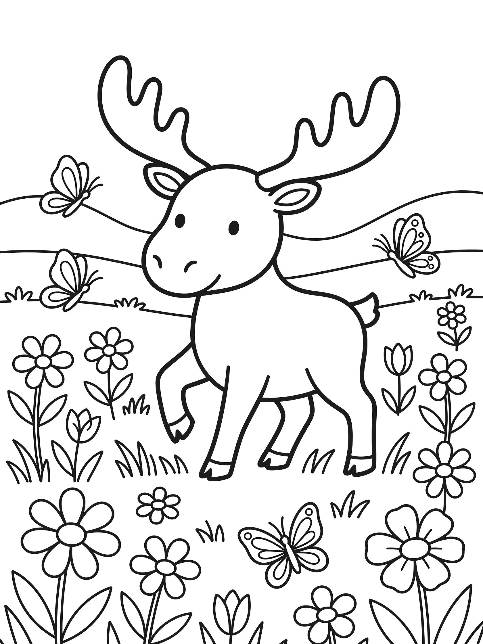 Black and white coloring page of a baby moose with big antlers walking in a flower meadow with butterflies and hills
