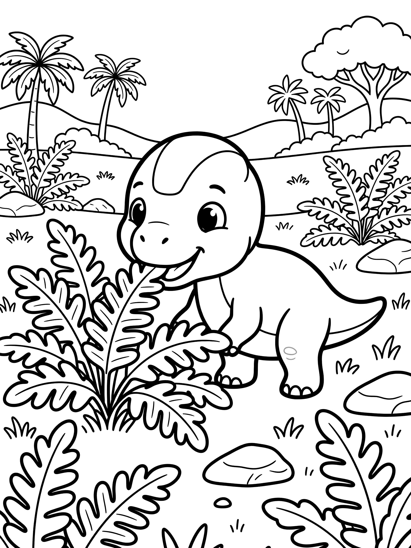 Black and white coloring page of a baby Pachycephalosaurus dinosaur eating large fern leaves from a bush in a prehistoric meadow with palm trees and hills.