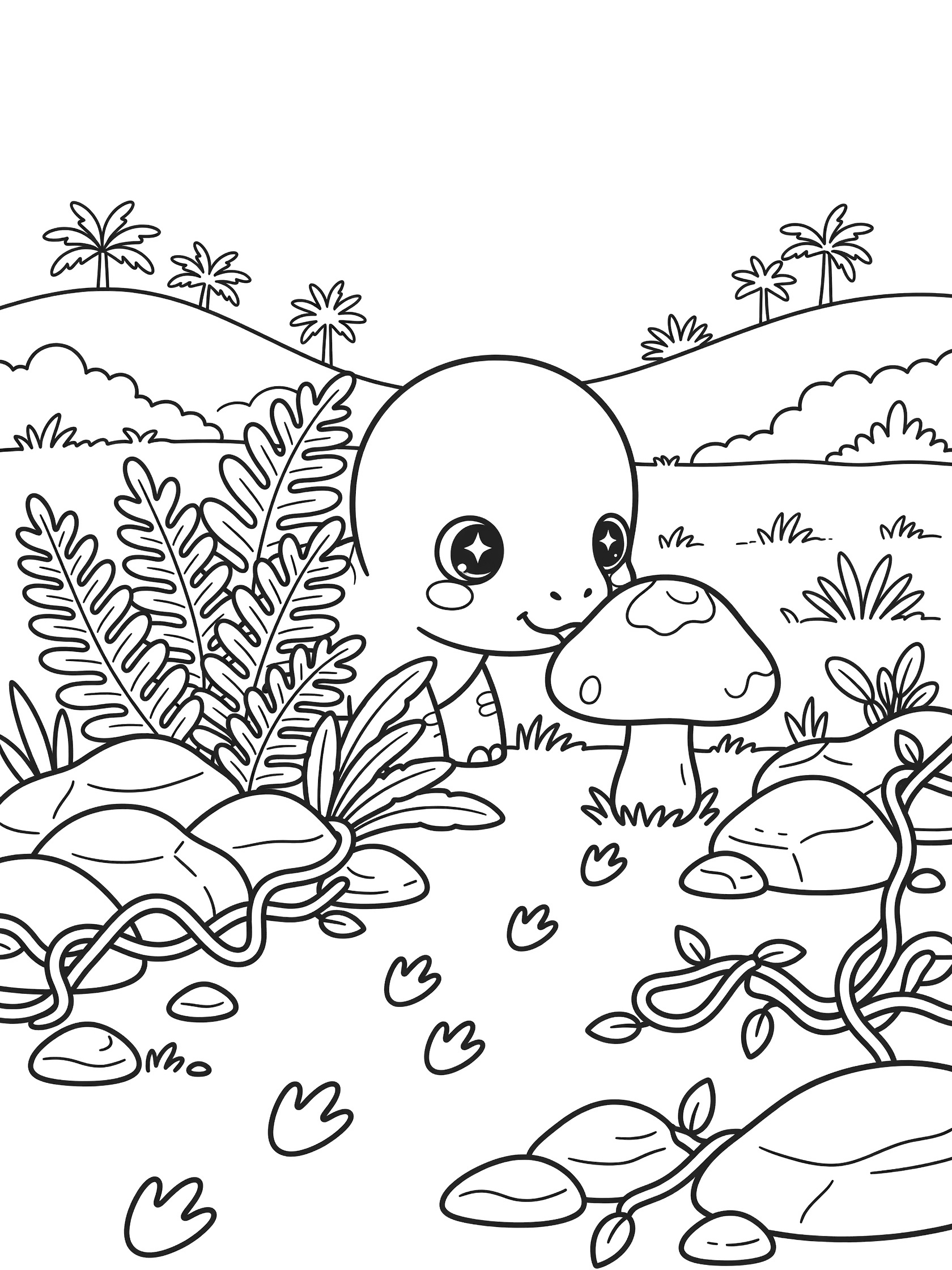 Cute baby Pachycephalosaurus coloring page showing the dome-headed dino sniffing a mushroom amid ferns, rocks, vines, and footprints in a prehistoric scene with hills and trees.