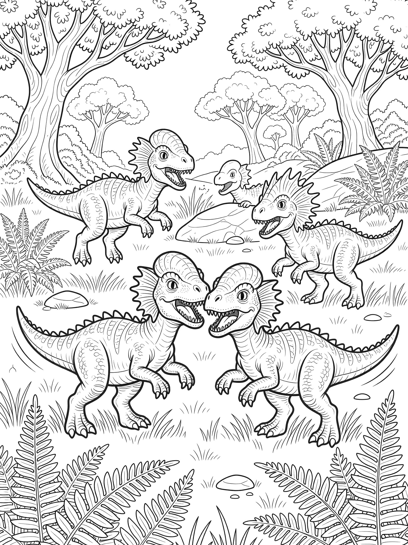 Black and white coloring page of four baby Pachycephalosaurus dinosaurs headbutting and playing in a lush meadow with ferns and ancient trees.