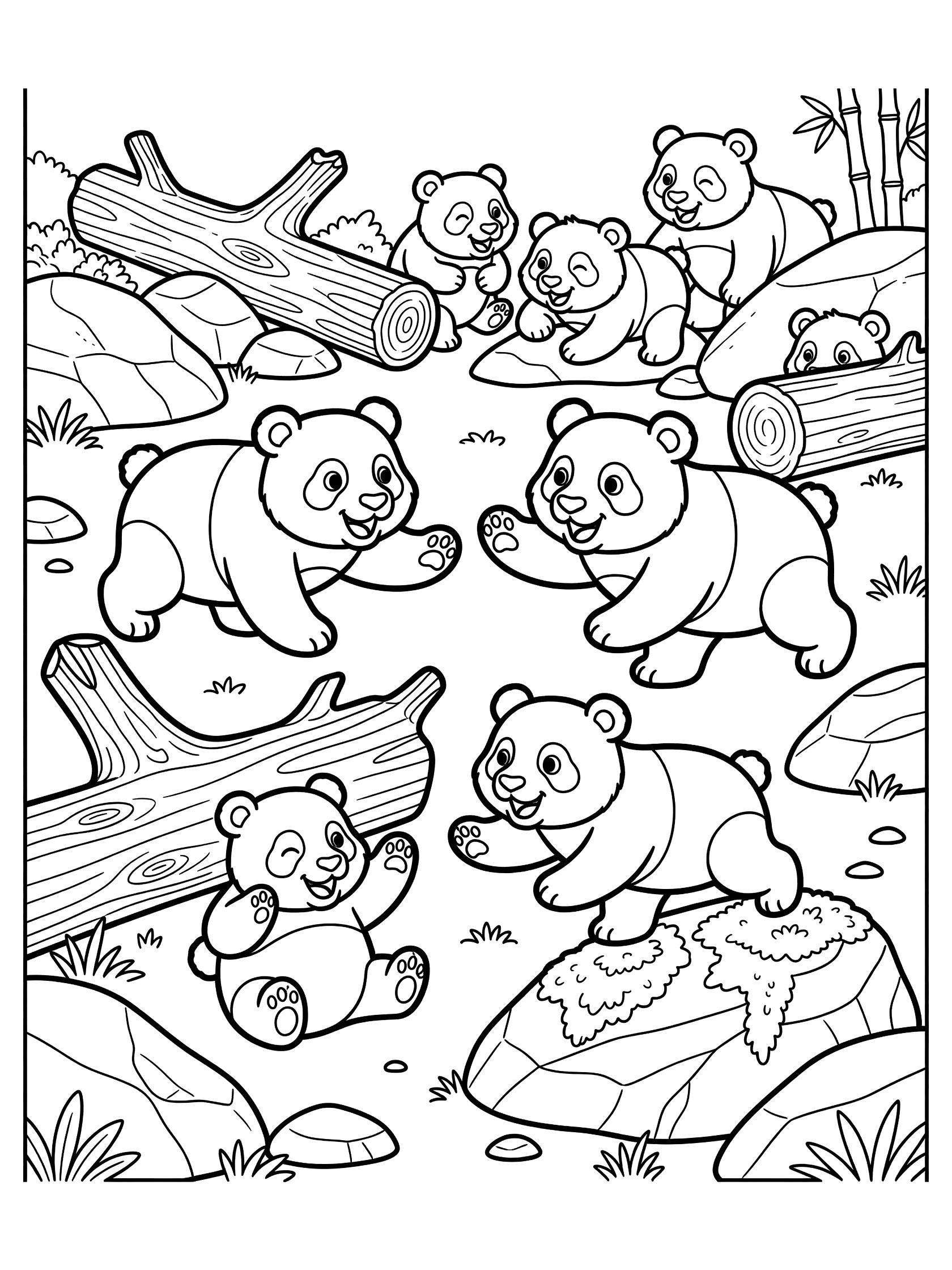 Black and white line art coloring page showing multiple baby pandas playing happily with paws raised, chasing around rocks, logs and bamboo stalks in a clearing.