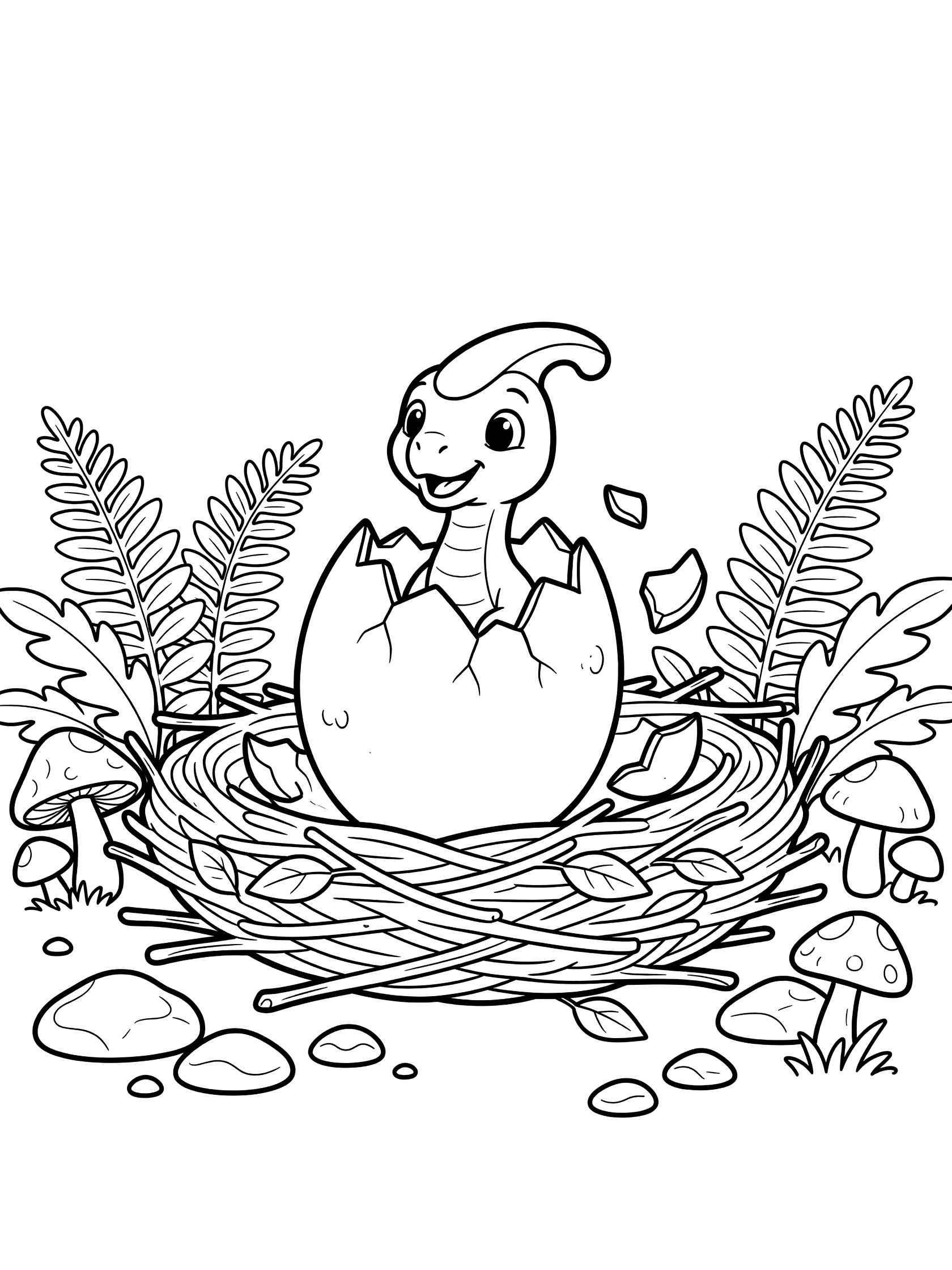 Black and white coloring page of a baby Parasaurolophus dinosaur hatching from a cracked egg in a nest surrounded by ferns, mushrooms, and rocks.