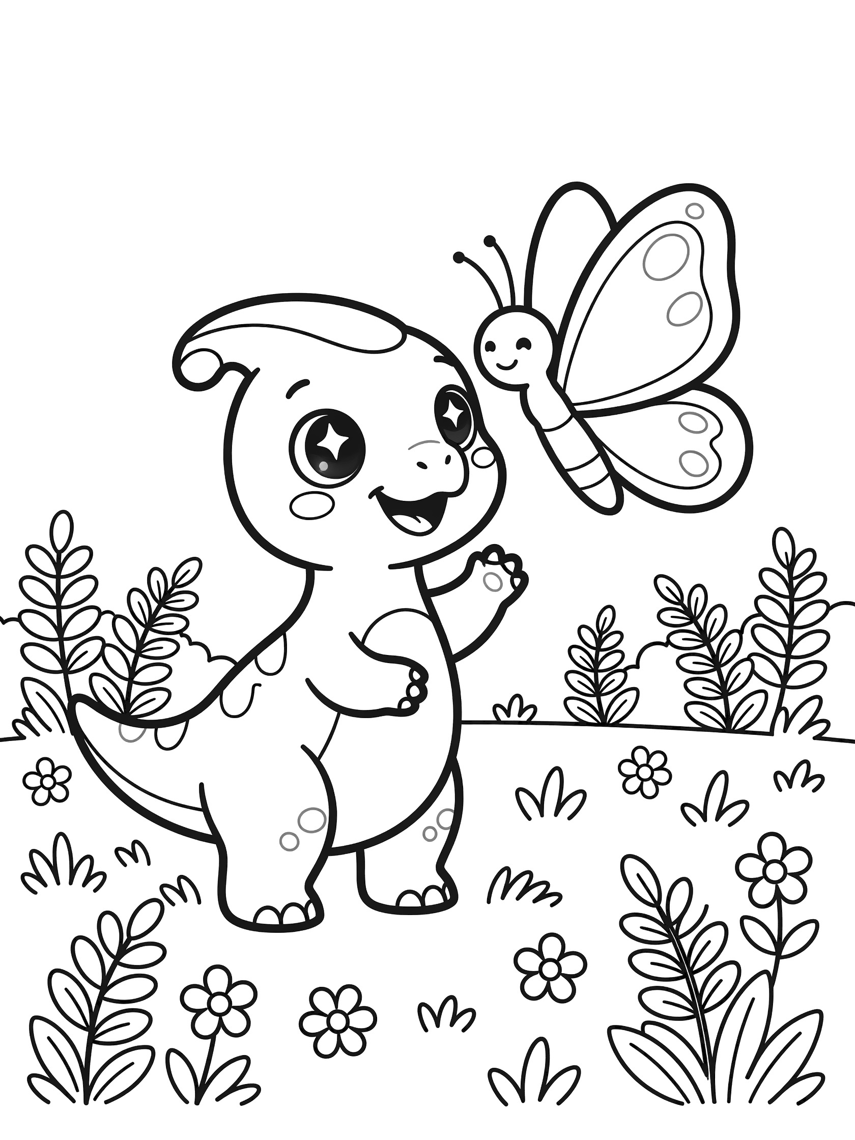 Kawaii baby Parasaurolophus standing on hind legs, pawing at a friendly butterfly near its snout, surrounded by ferns and flowers in a sunny meadow. Bold line art coloring page.