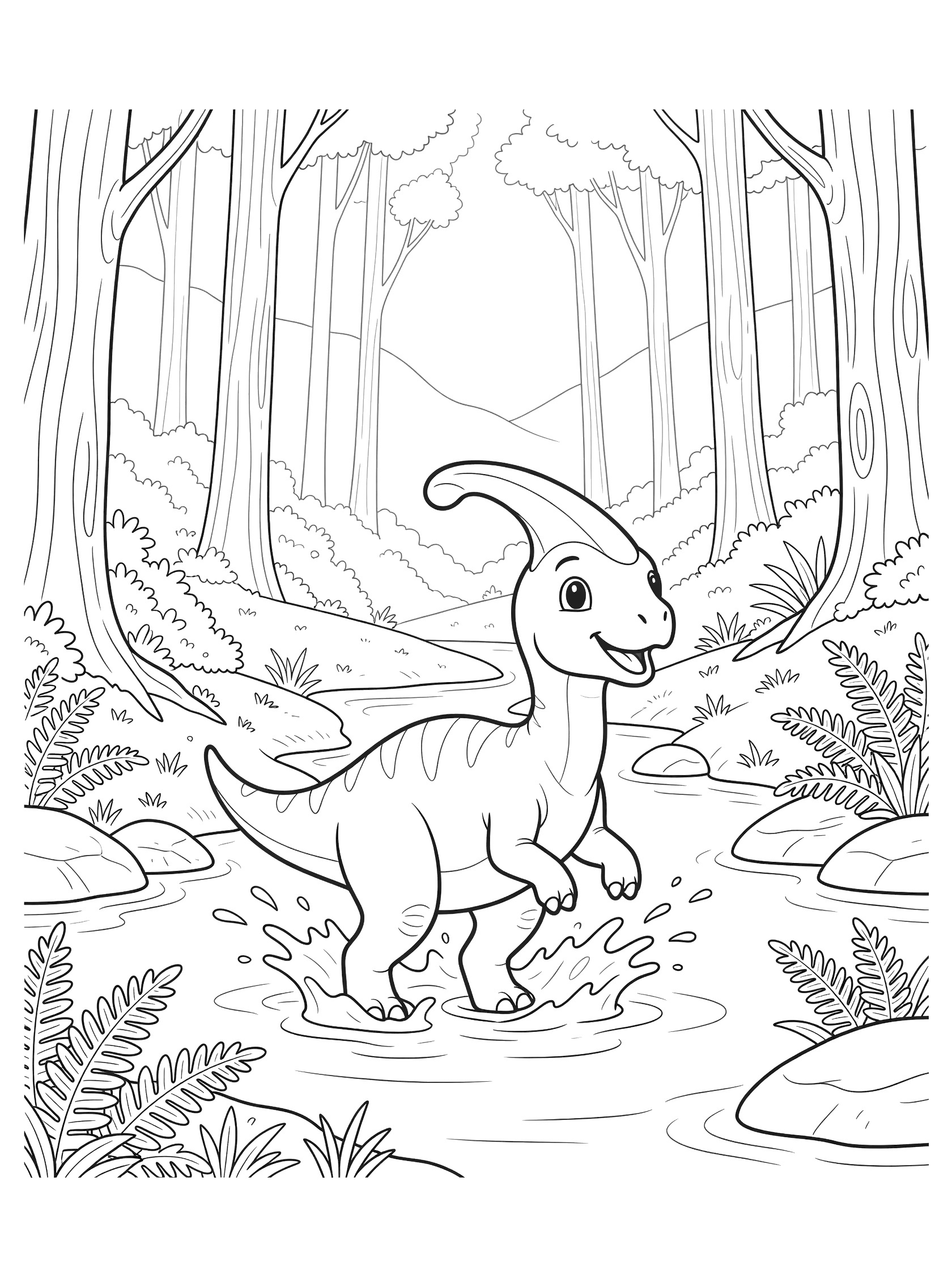 Line art coloring page showing a joyful baby Parasaurolophus with curved crest kicking up water droplets in a forest stream, surrounded by smooth rocks, ferns, tall trees, and distant hills.
