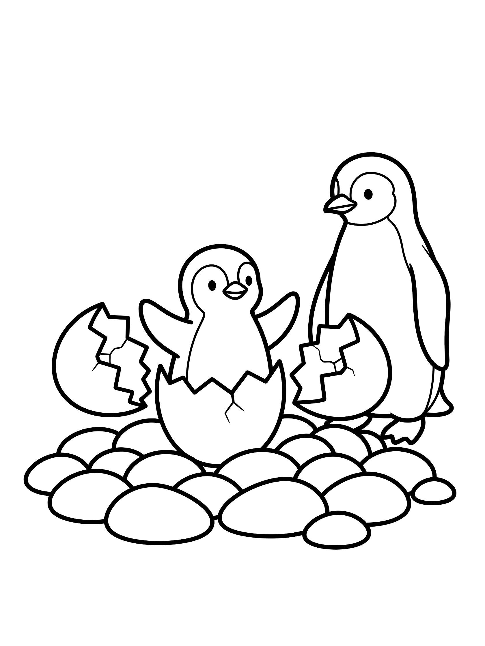 Black and white line art coloring page showing a baby penguin cracking out of egg shell on pebble nest with adult parent penguin standing nearby.