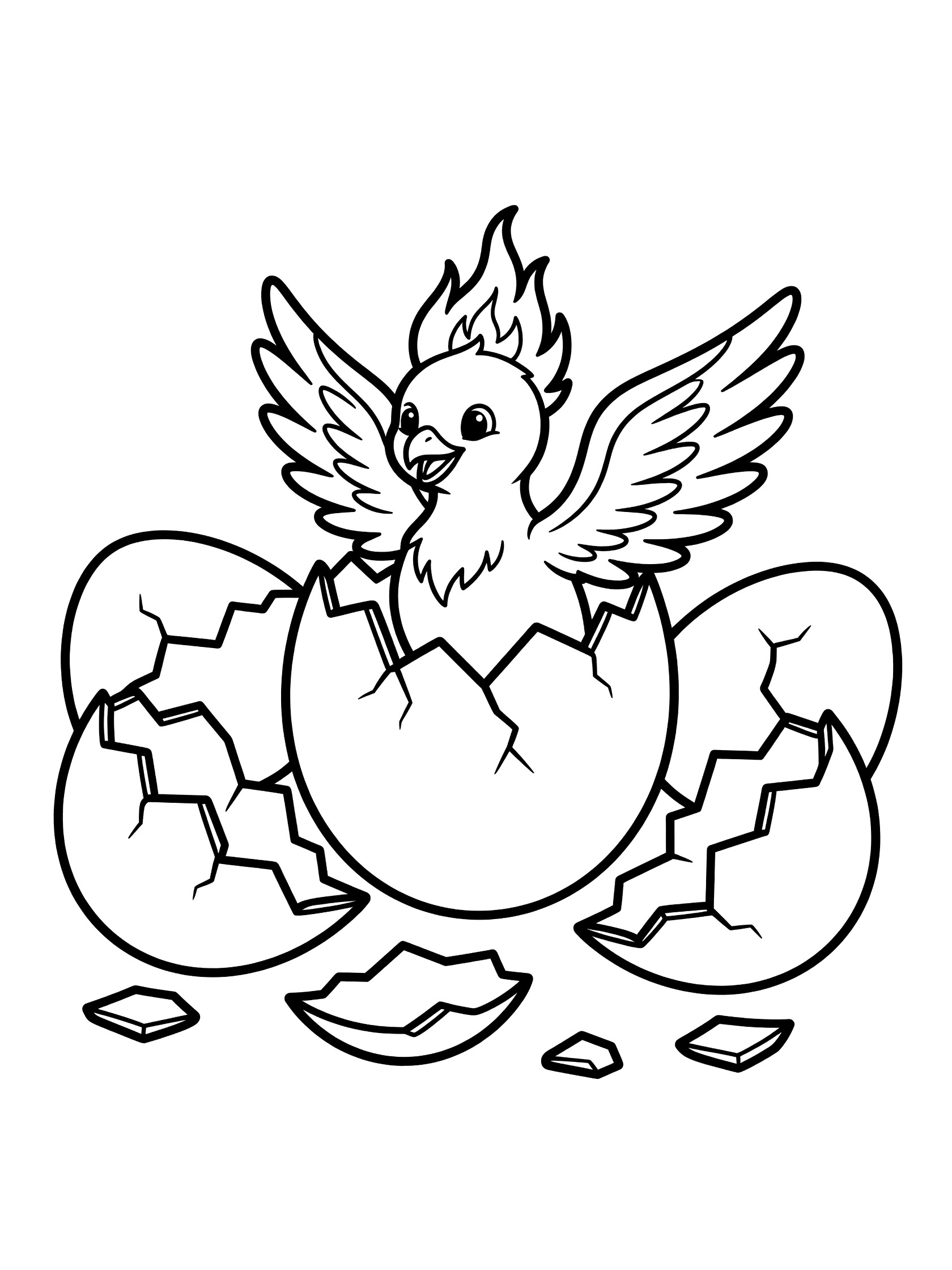 Black and white line art coloring page showing a cute baby phoenix with fluffy wings and flame tuft hatching from a big cracked egg, surrounded by broken eggshells.
