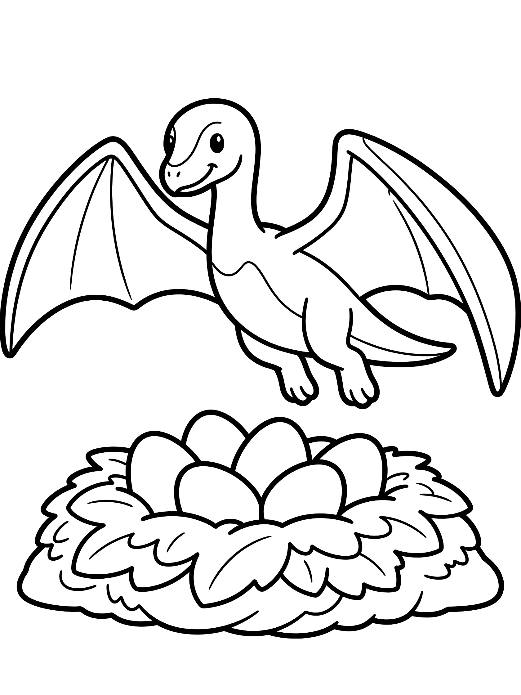 Black and white line art coloring page showing a baby pterodactyl with wings spread over a nest full of eggs on a bed of leaves. Dinosaur Eggs themed black and white printable line art