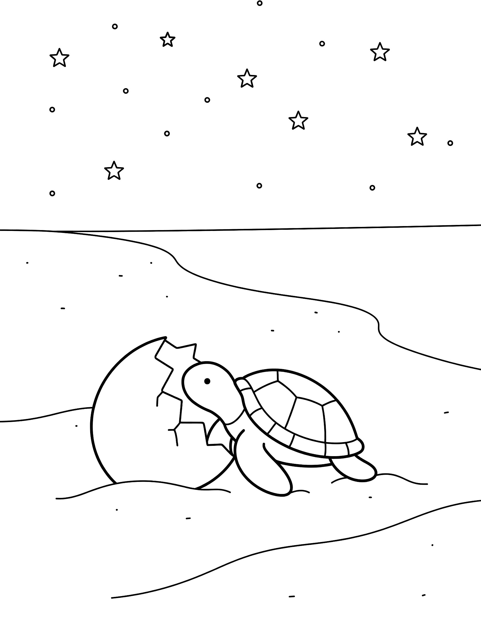 Black and white line art coloring page showing a baby sea turtle emerging from a cracked egg on sandy beach with waves, stars in the sky above.