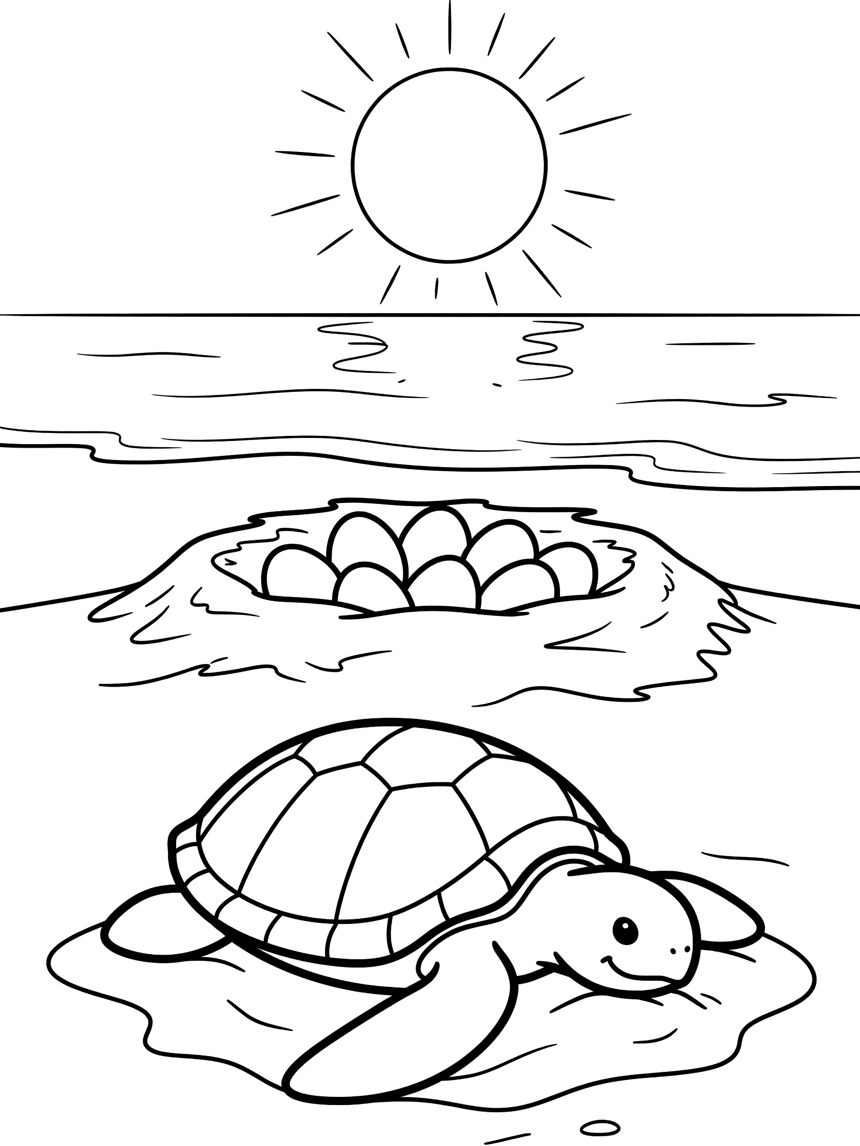 Black and white line art coloring page showing a cute baby sea turtle on sandy beach near nest of eggs, ocean waves, and bright sun.