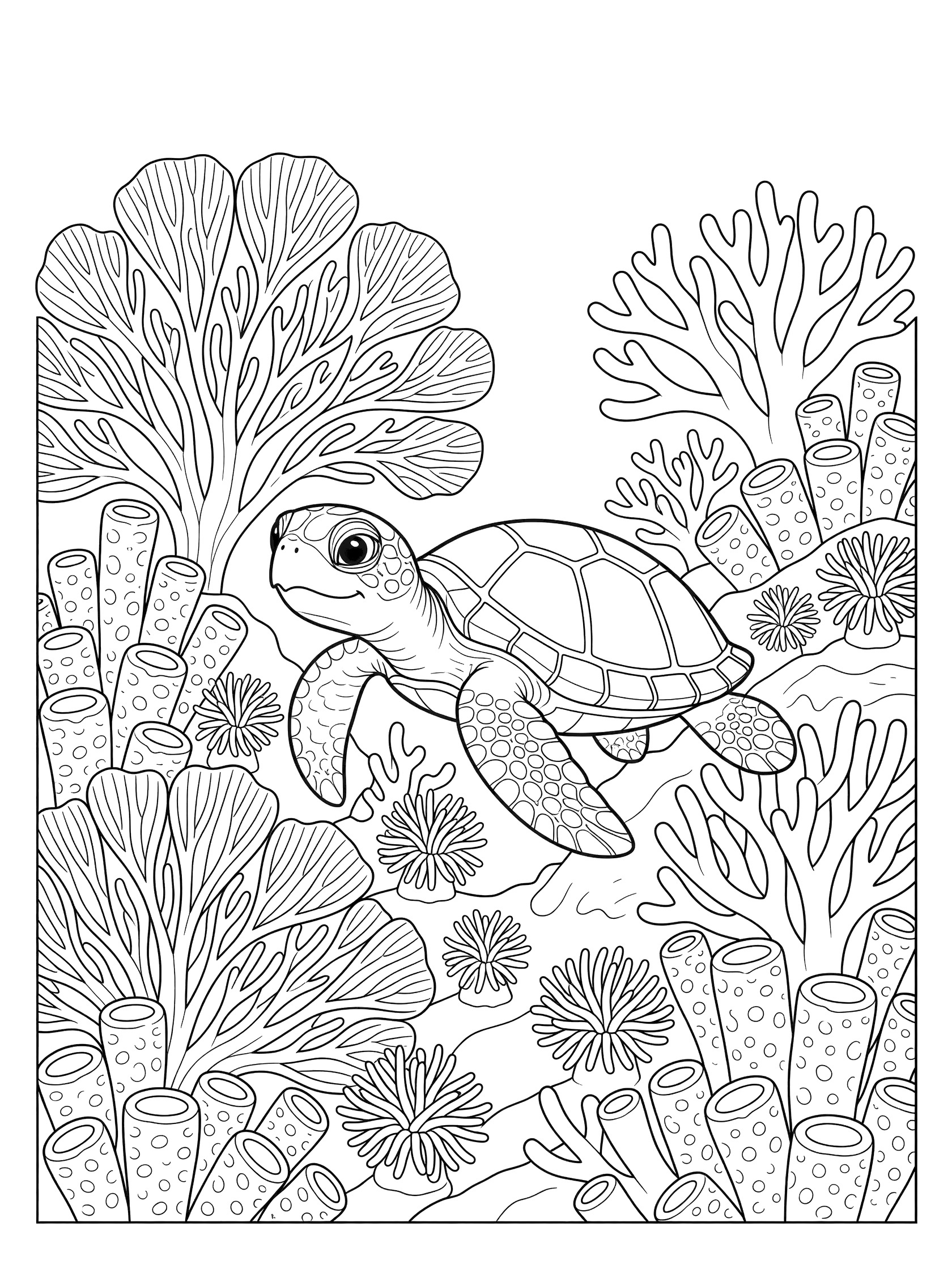 Black and white line art coloring page showing a baby sea turtle with big eyes swimming through a coral reef with fan corals, tube sponges and sea anemones.