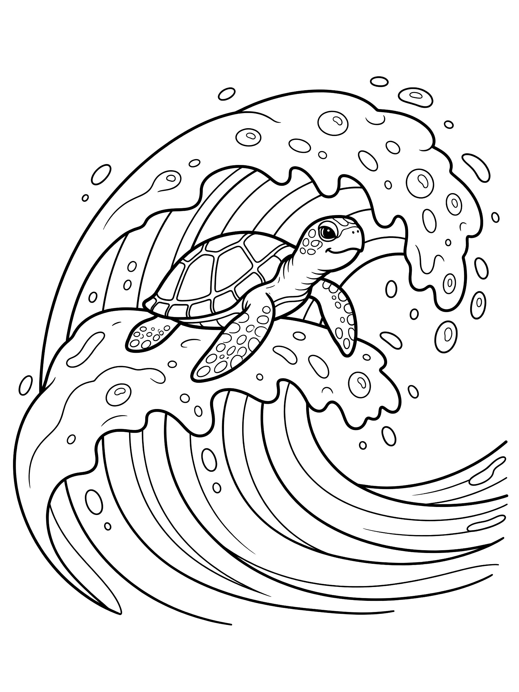 Black and white line art coloring page showing a small sea turtle with big eyes riding inside a big curling wave with foam bubbles and splashes