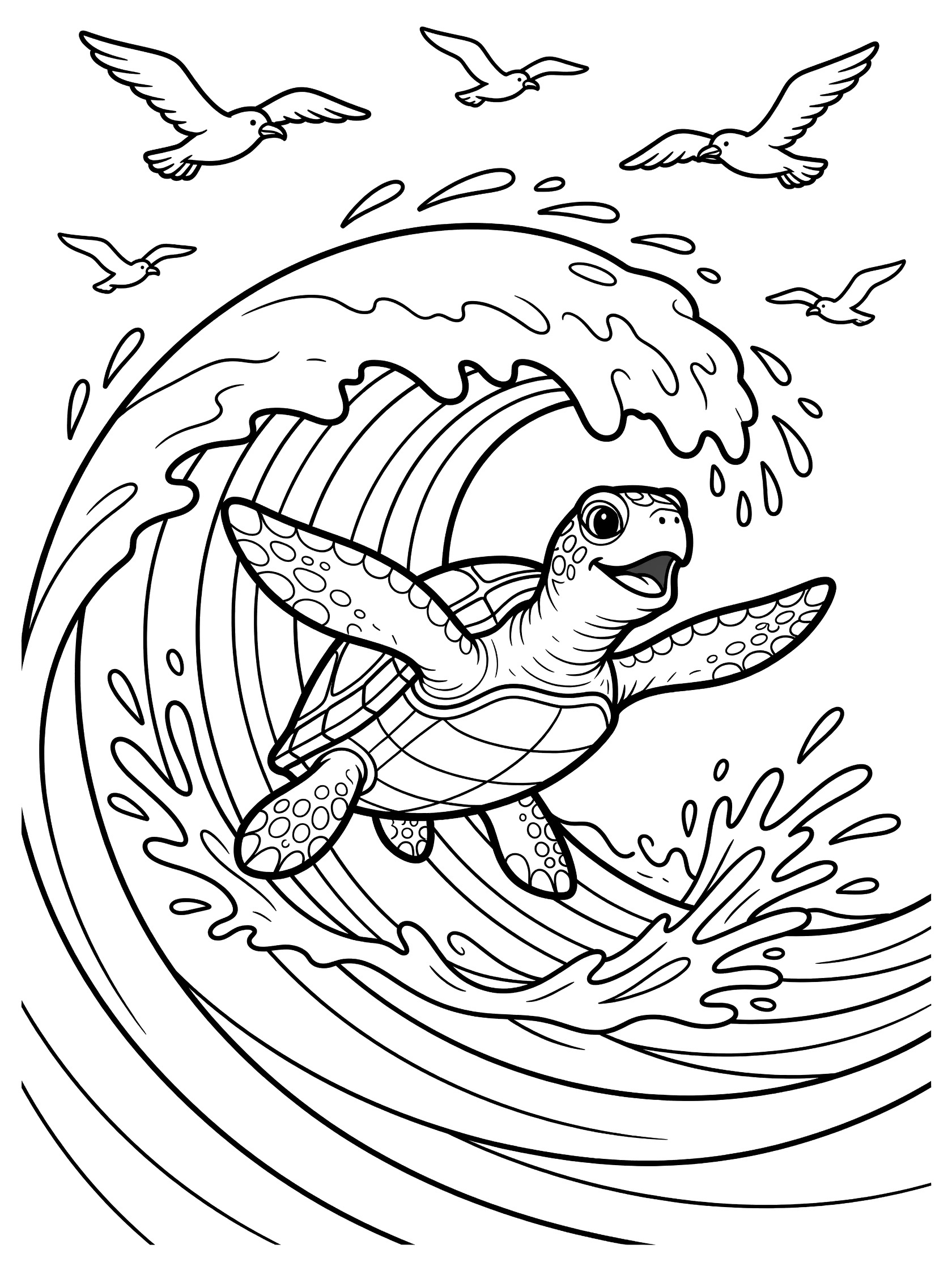 Black and white line art coloring page showing a cute baby sea turtle surfing on a curling wave with splash effects and seagulls overhead.