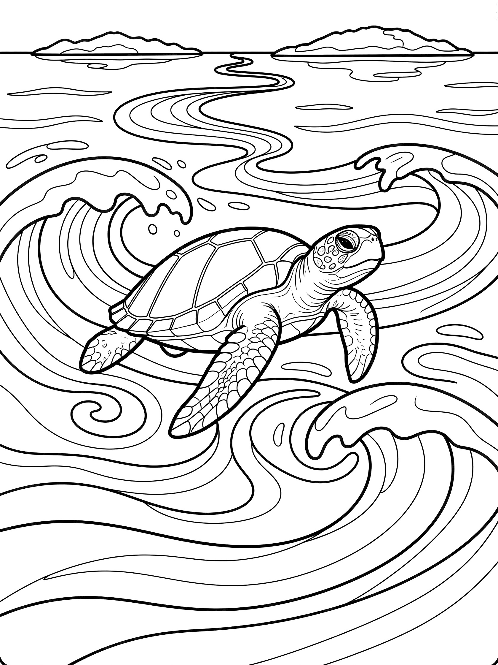 Black and white coloring page showing a small sea turtle swimming in wavy ocean water with islands in the background