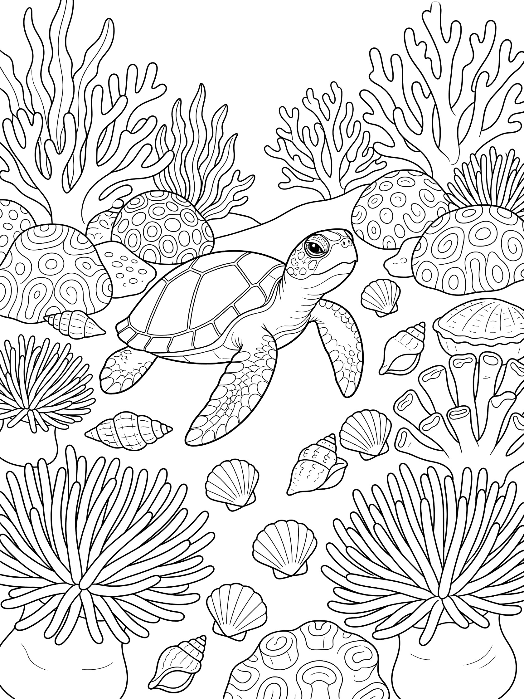 Black and white line art coloring page showing a small sea turtle swimming in a coral reef with shells and sea anemones