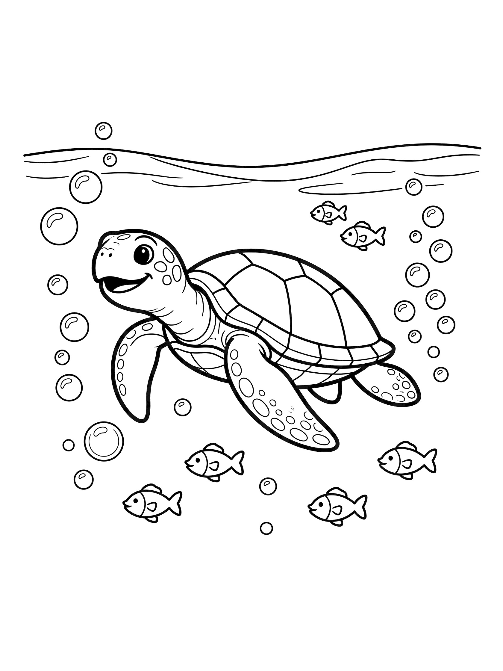 Black and white line art coloring page showing a smiling baby sea turtle swimming underwater with small fish and bubbles
