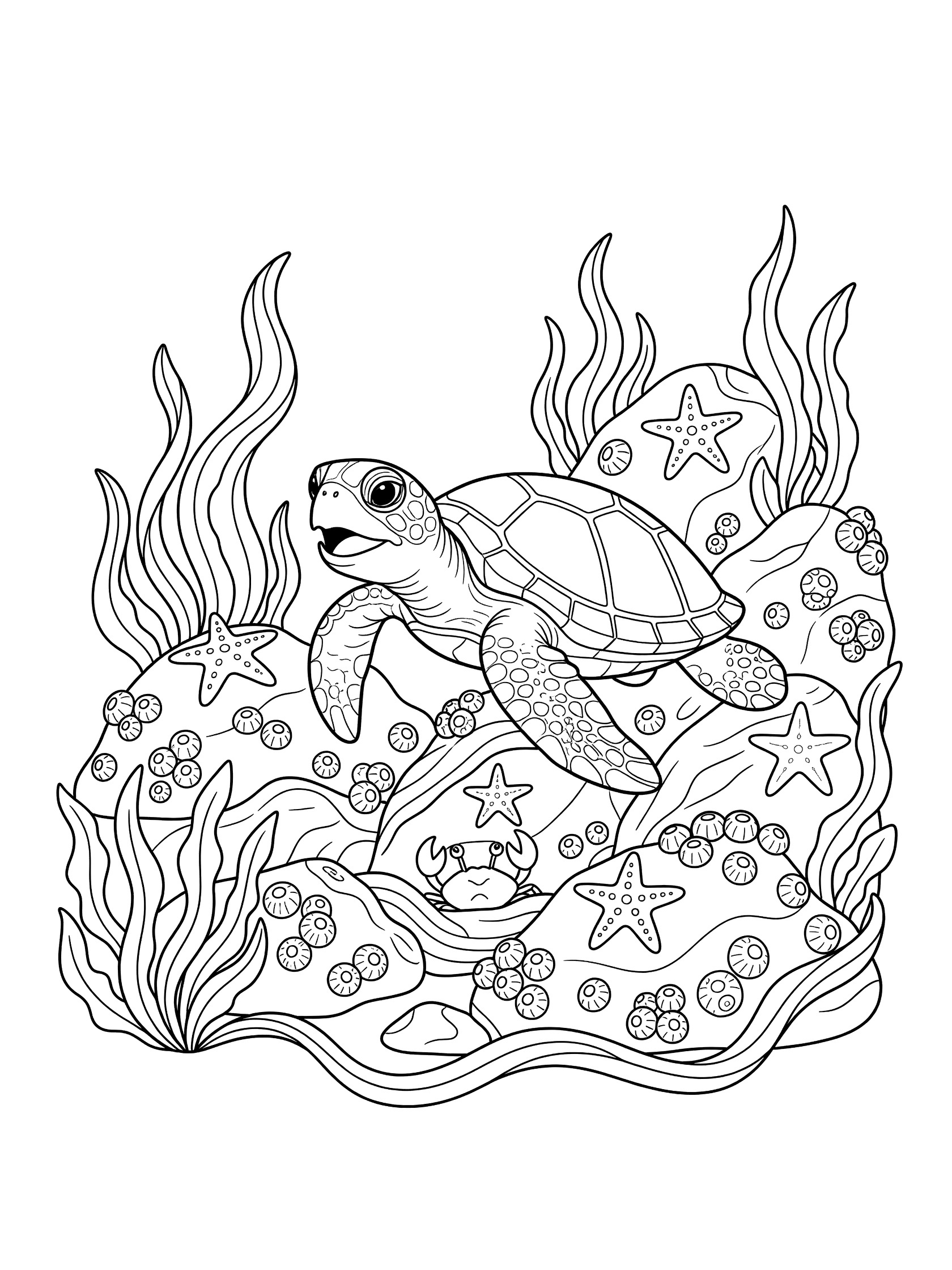 Printable coloring page showing a cute baby sea turtle swimming near underwater rocks covered in starfish and barnacles, with seaweed and a crab peeking out