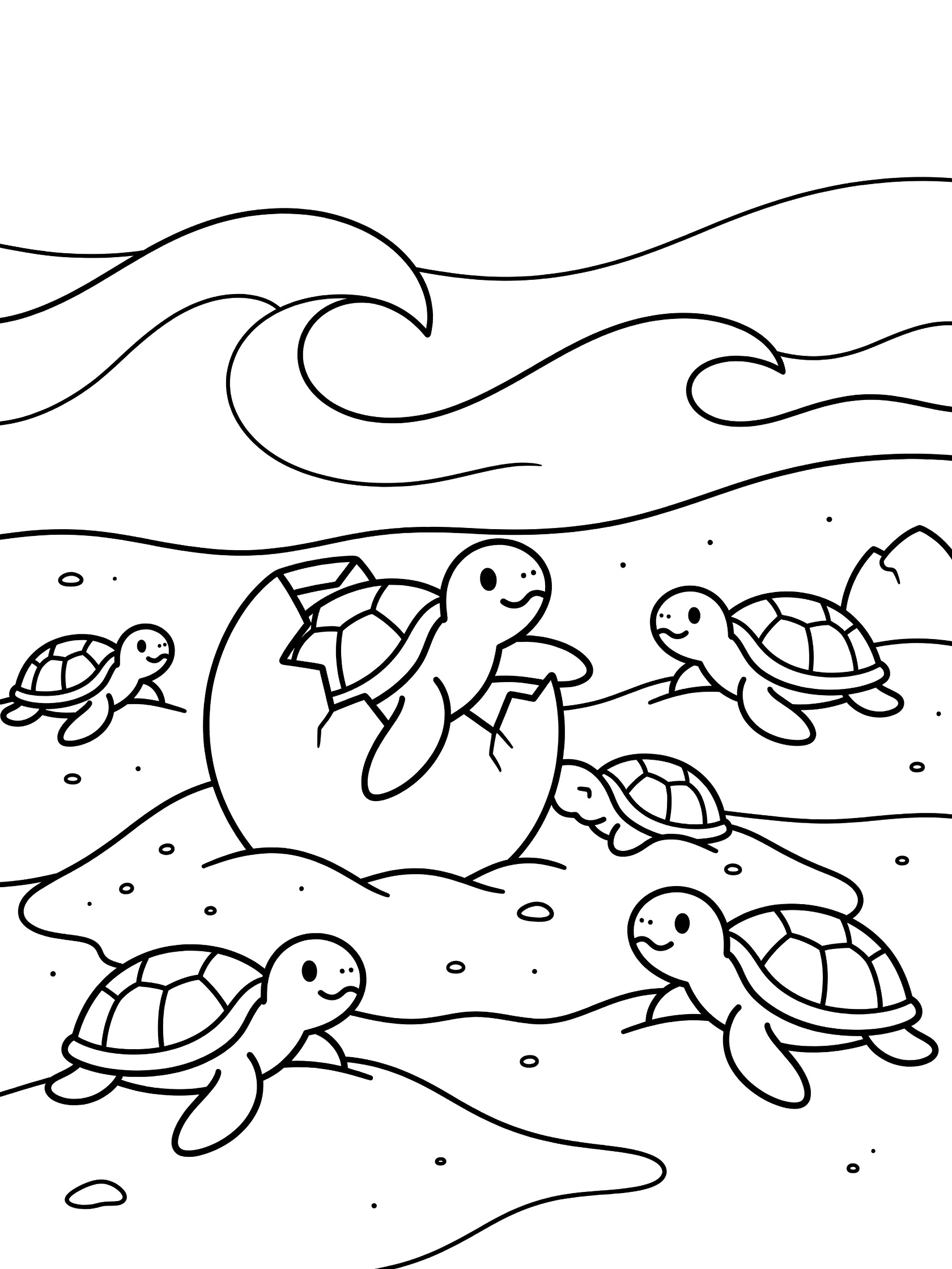 Black and white line art coloring page showing baby sea turtles hatching from a large egg on sand with ocean waves in the background