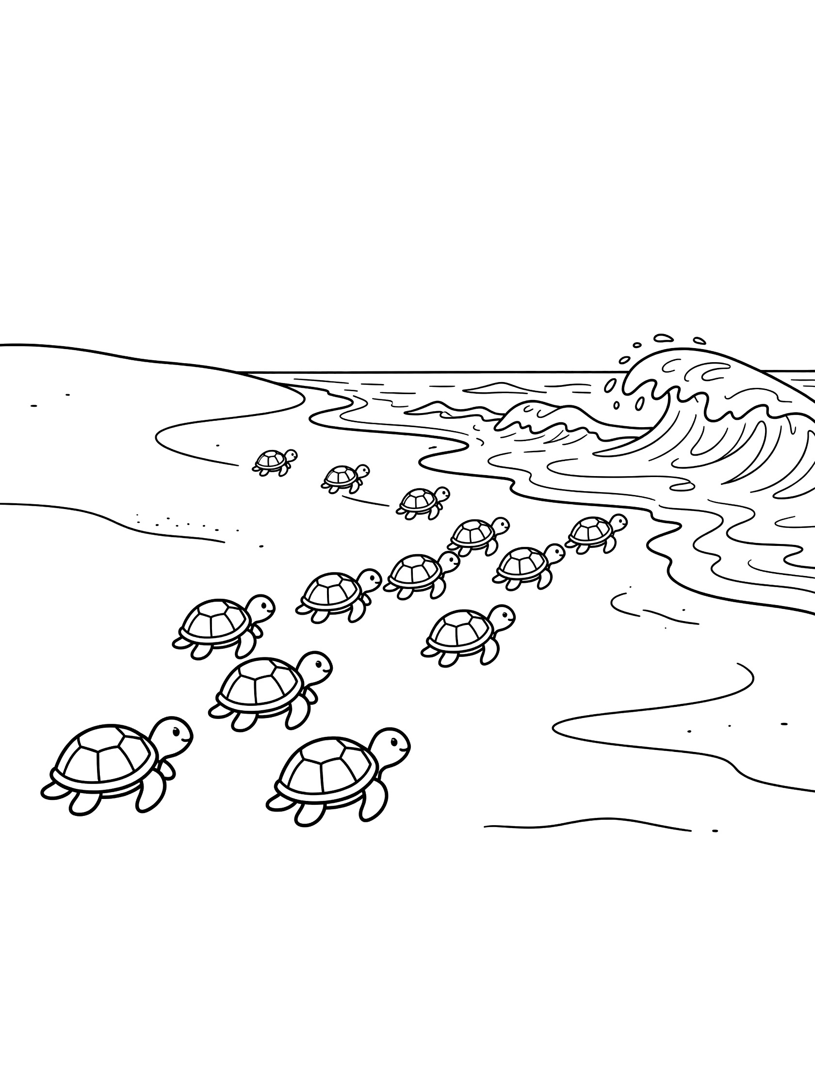 Line art coloring page showing a line of small baby sea turtles moving across sandy beach toward crashing ocean waves