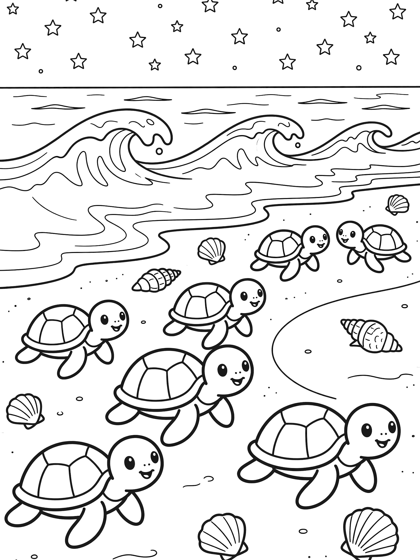 Line art coloring page showing a line of happy baby sea turtles marching on sandy beach toward ocean waves, with seashells scattered around and stars in the night sky.