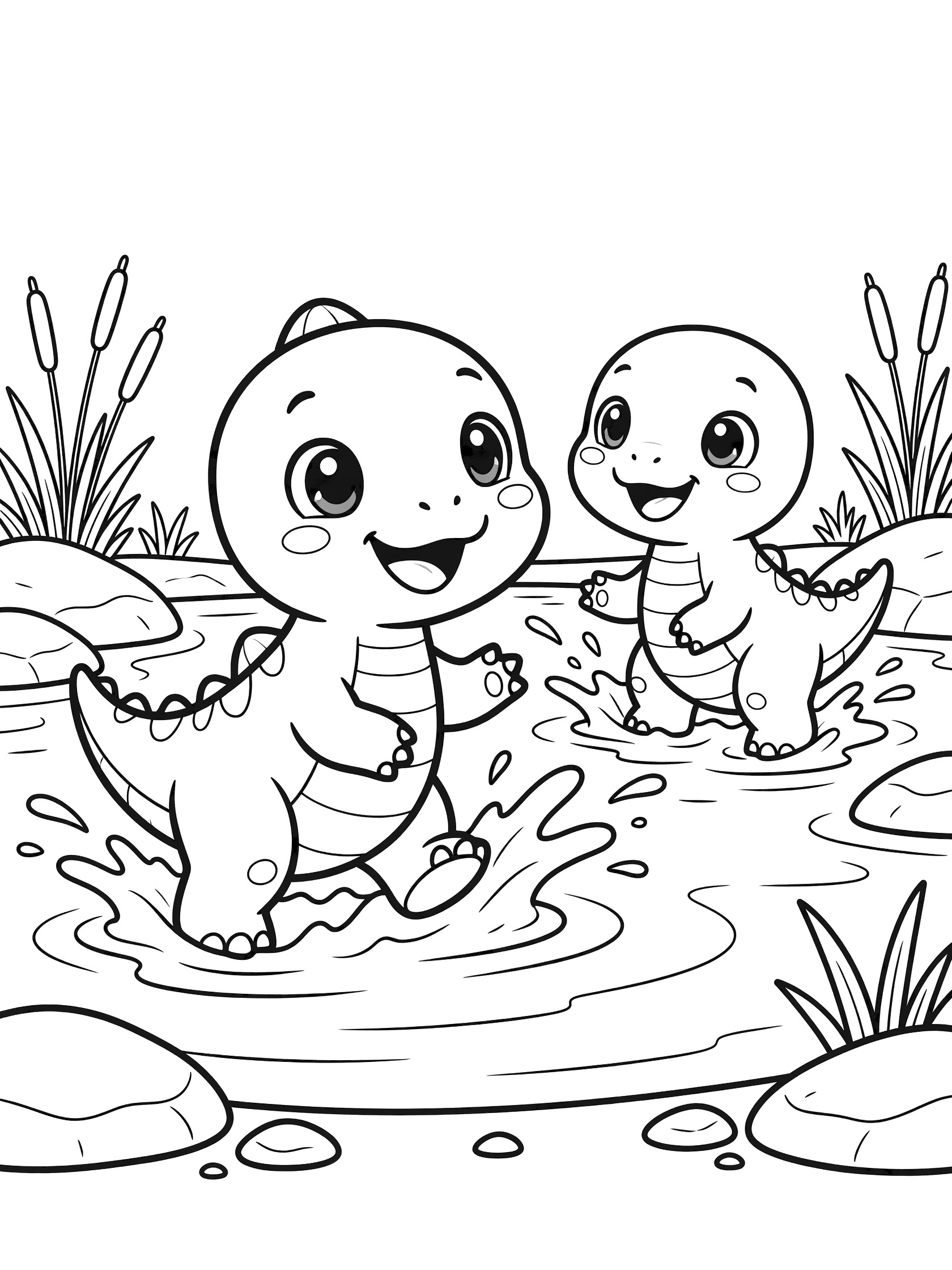 Line art coloring page of two kawaii baby Spinosaurus with big eyes and tiny sails splashing water together in a river surrounded by rocks and tall reeds.