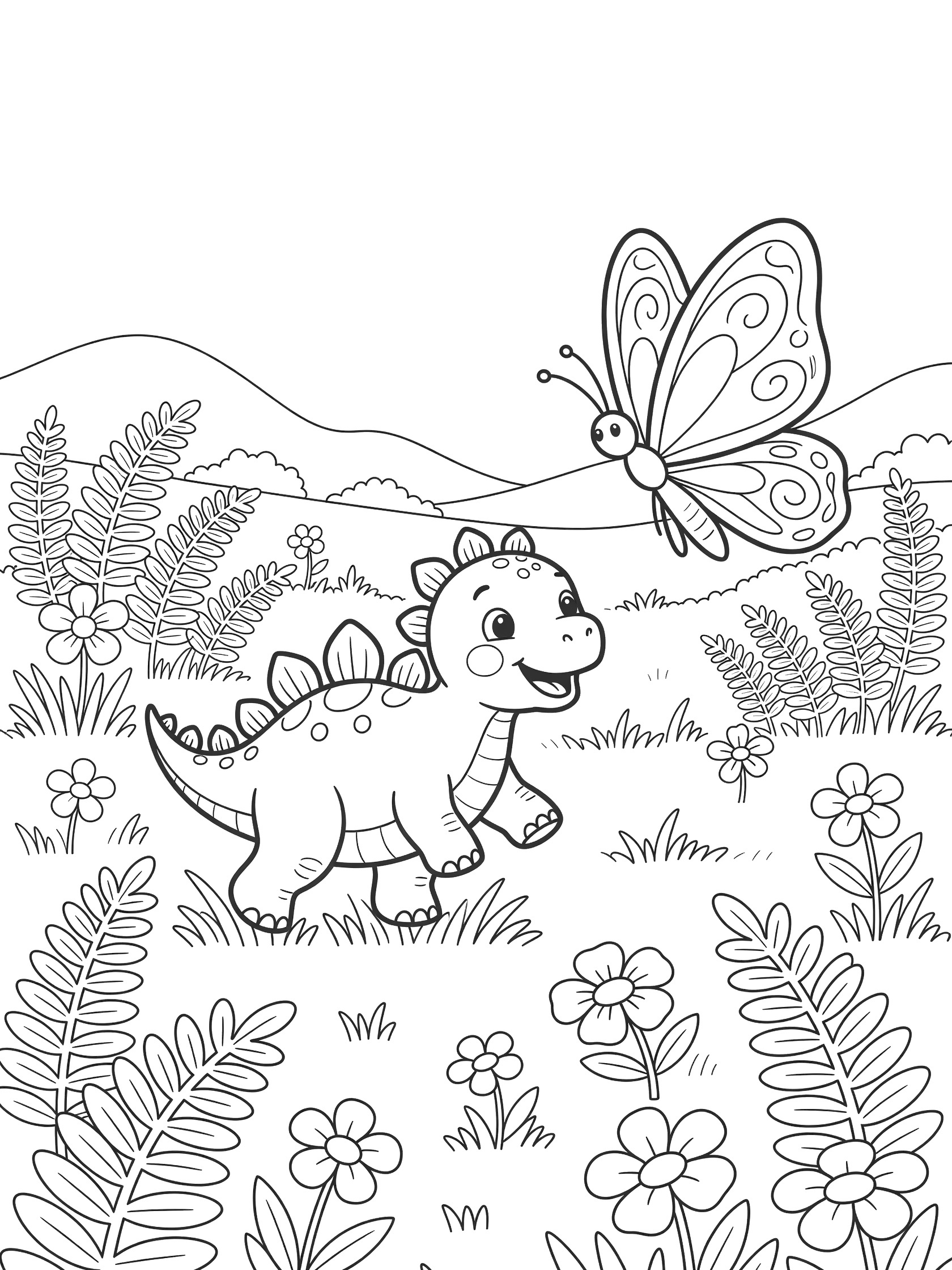 Black and white line art of a joyful baby Stegosaurus running after a fluttering butterfly across a meadow with wildflowers, ferns, and hills.