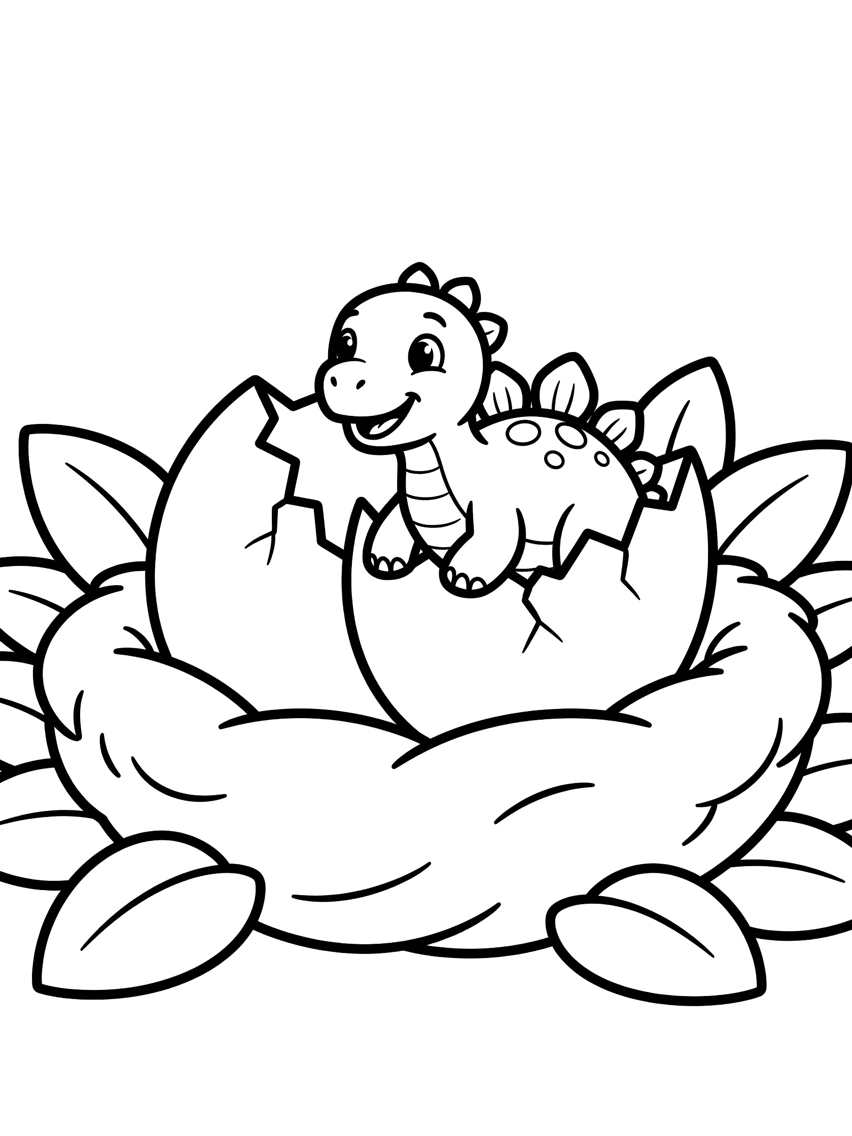 Black and white line art of adorable baby Stegosaurus with small back plates hatching from a cracked egg surrounded by leaves in a cozy nest.