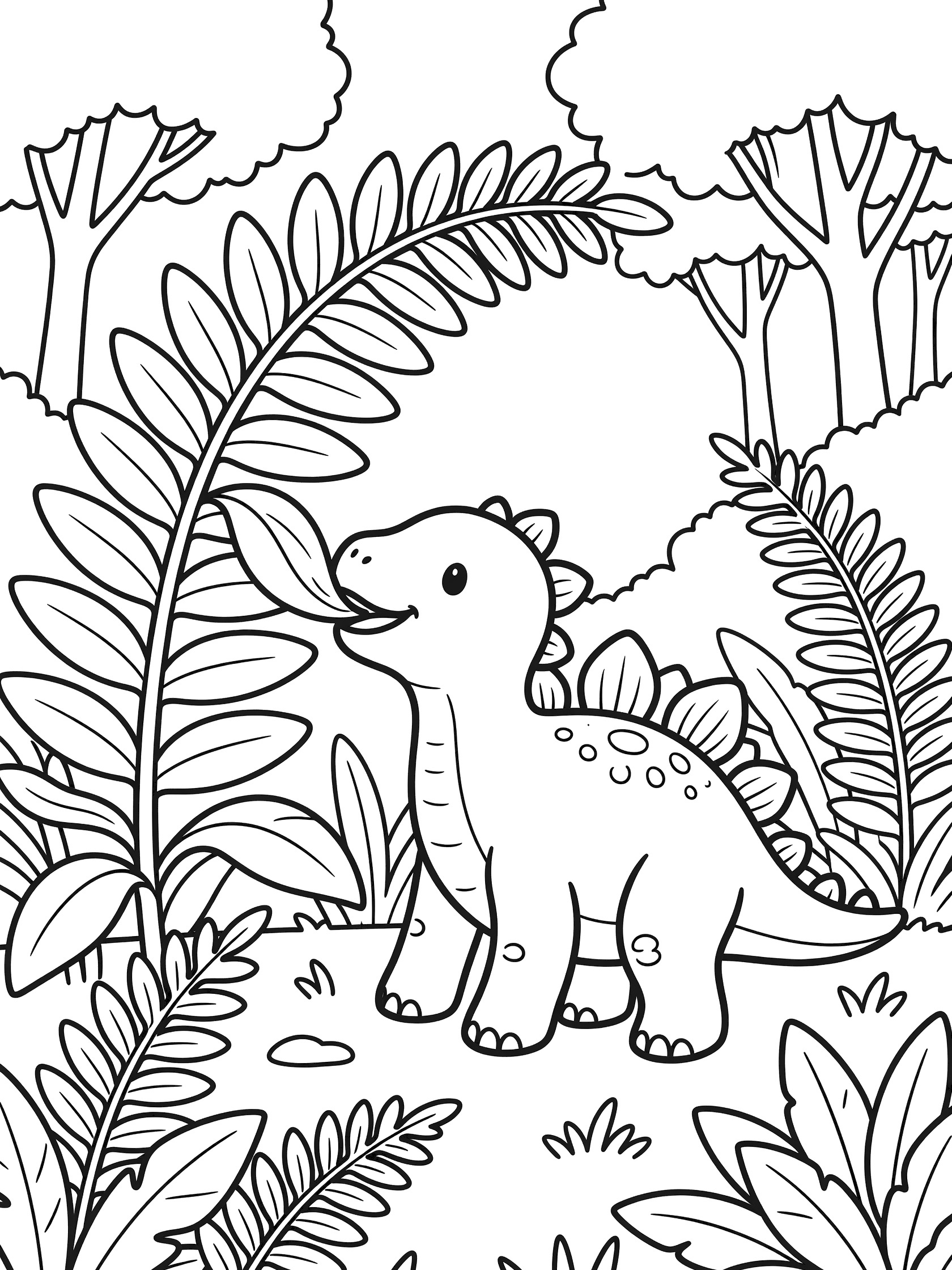 Cute baby Stegosaurus dinosaur standing on four legs, nibbling leaves from a big fern, surrounded by trees and ground plants in a line art coloring page.