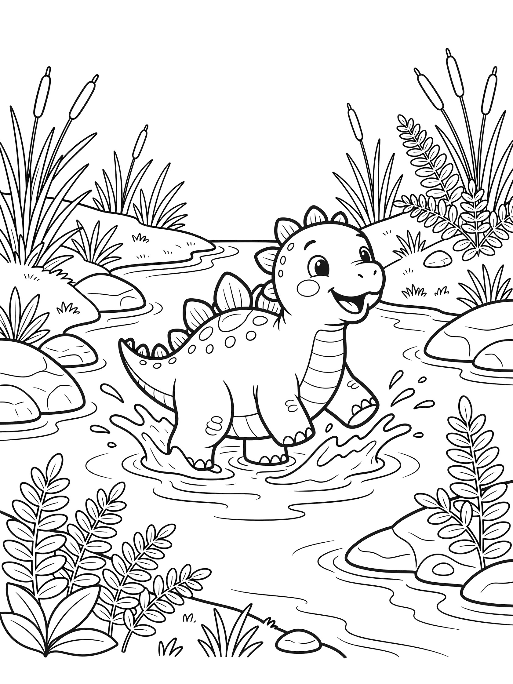 Whimsical line art coloring page showing a chubby baby Stegosaurus with small back plates kicking up water splashes in a forest stream surrounded by smooth rocks and plants.