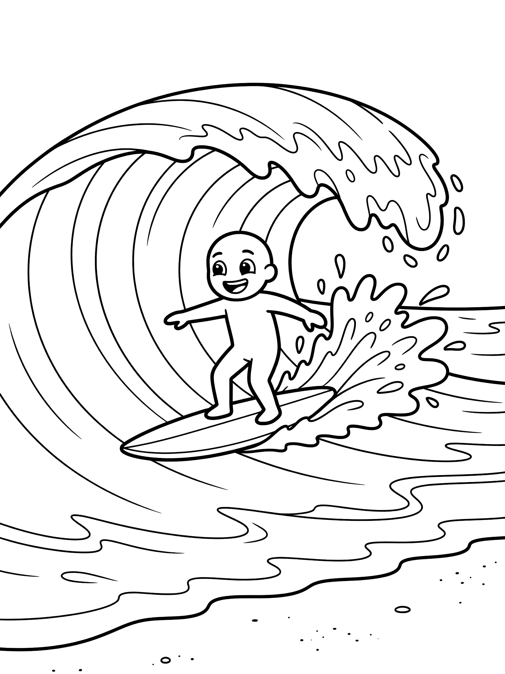 Black and white line art coloring page showing a happy baby standing on a surfboard riding a large curling wave with water splashes and gentle shore waves. Maverick's themed black and white printable line art