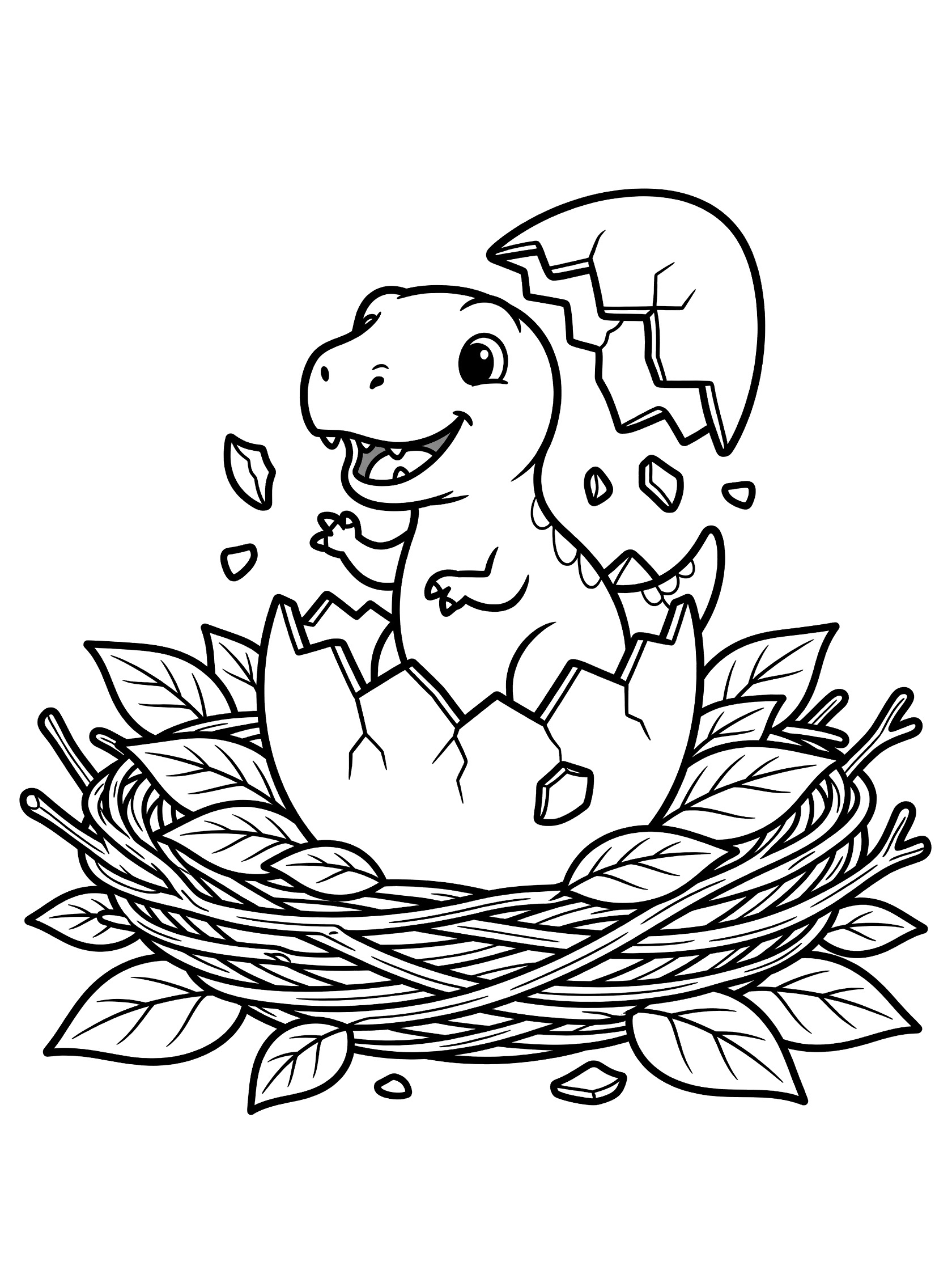 Black and white line art coloring page showing a baby Tyrannosaurus Rex hatching from a cracked eggshell in a nest made of twigs and leaves.