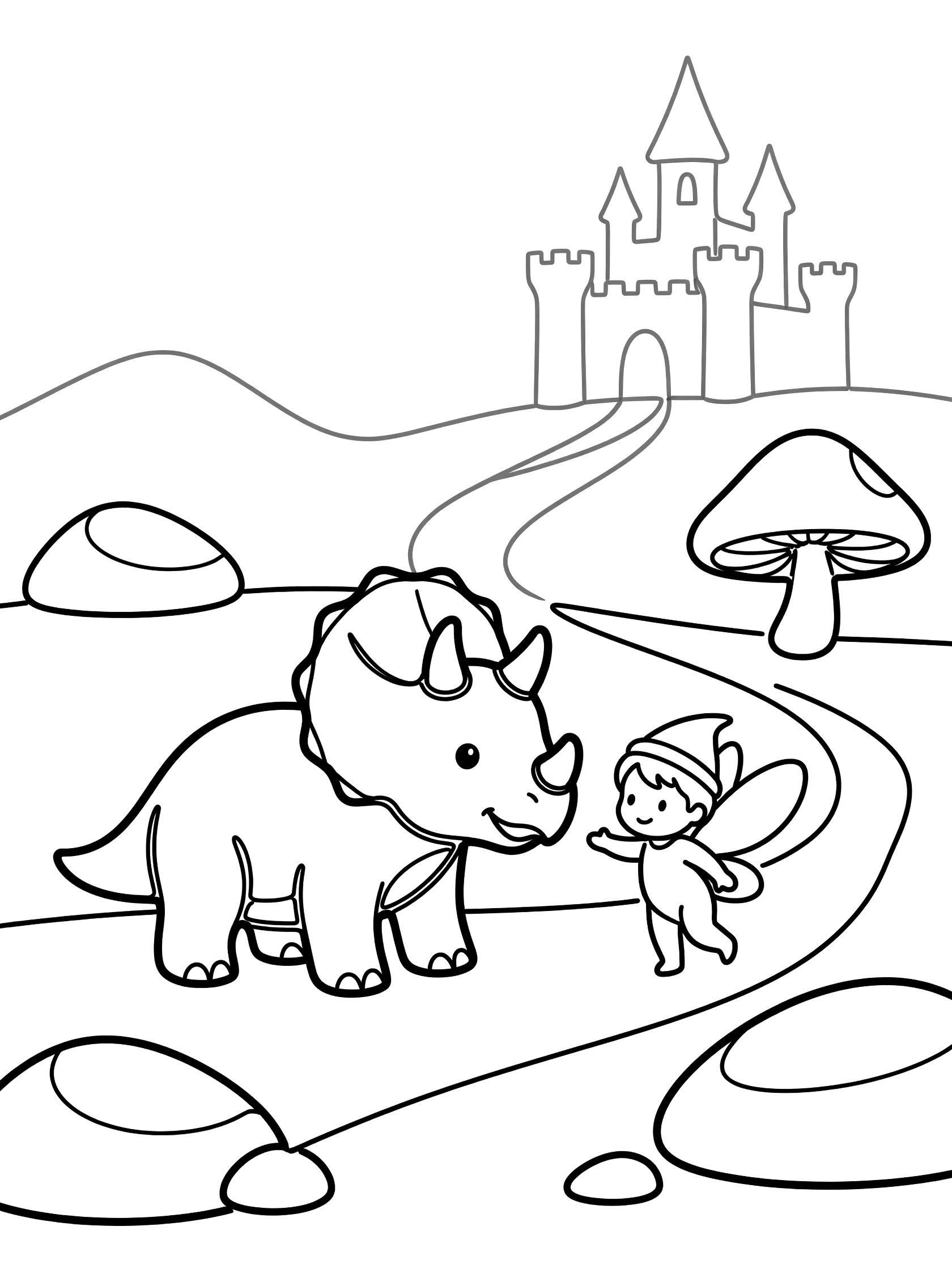 Black and white coloring page of a baby triceratops dinosaur with three horns greeting a winged fairy in a pointy hat on a winding path near rocks, mushrooms, and a tall castle.