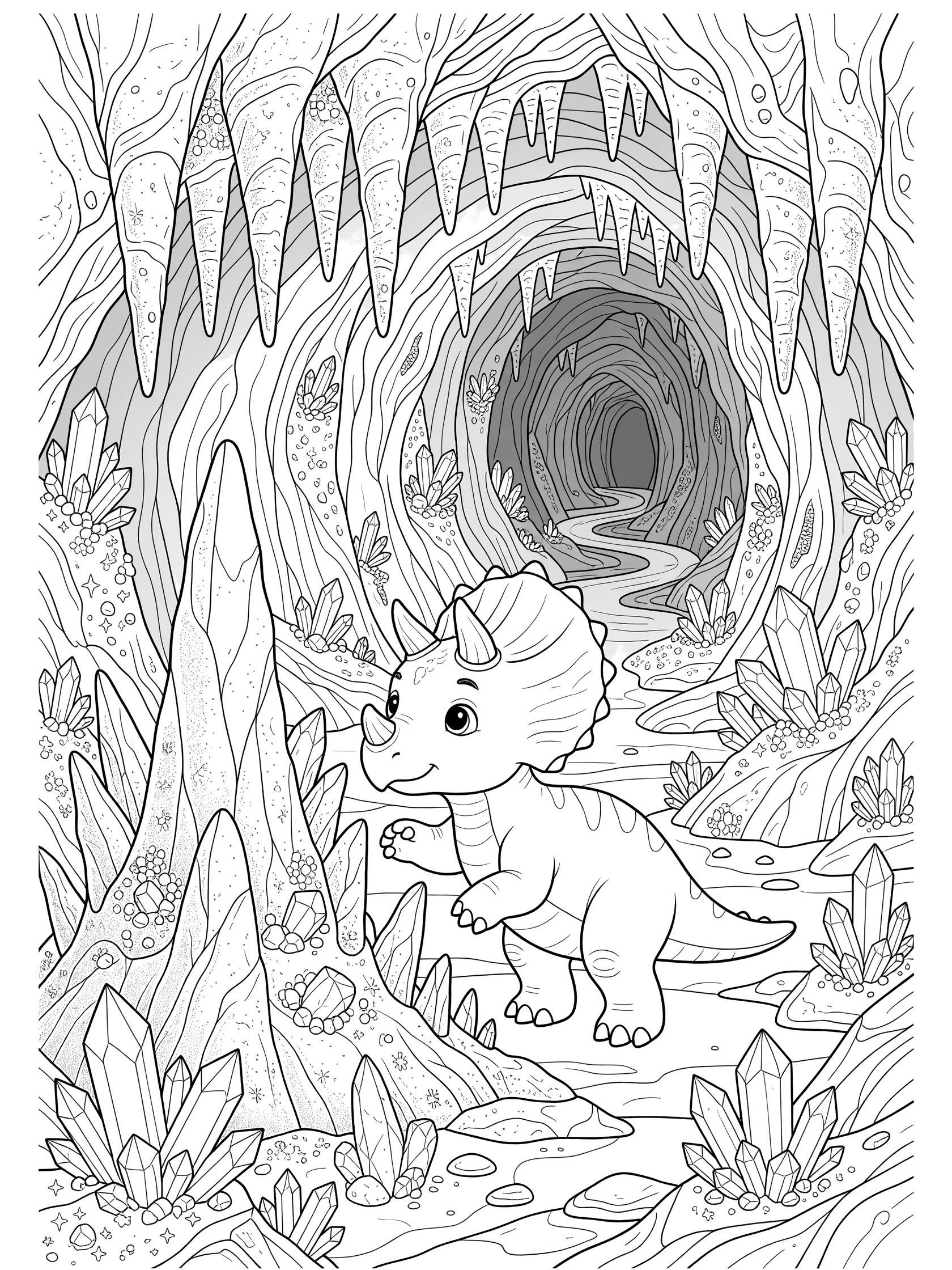 Detailed line art coloring page showing a baby Triceratops exploring a mysterious cave with jagged rocks, crystals and a winding tunnel.