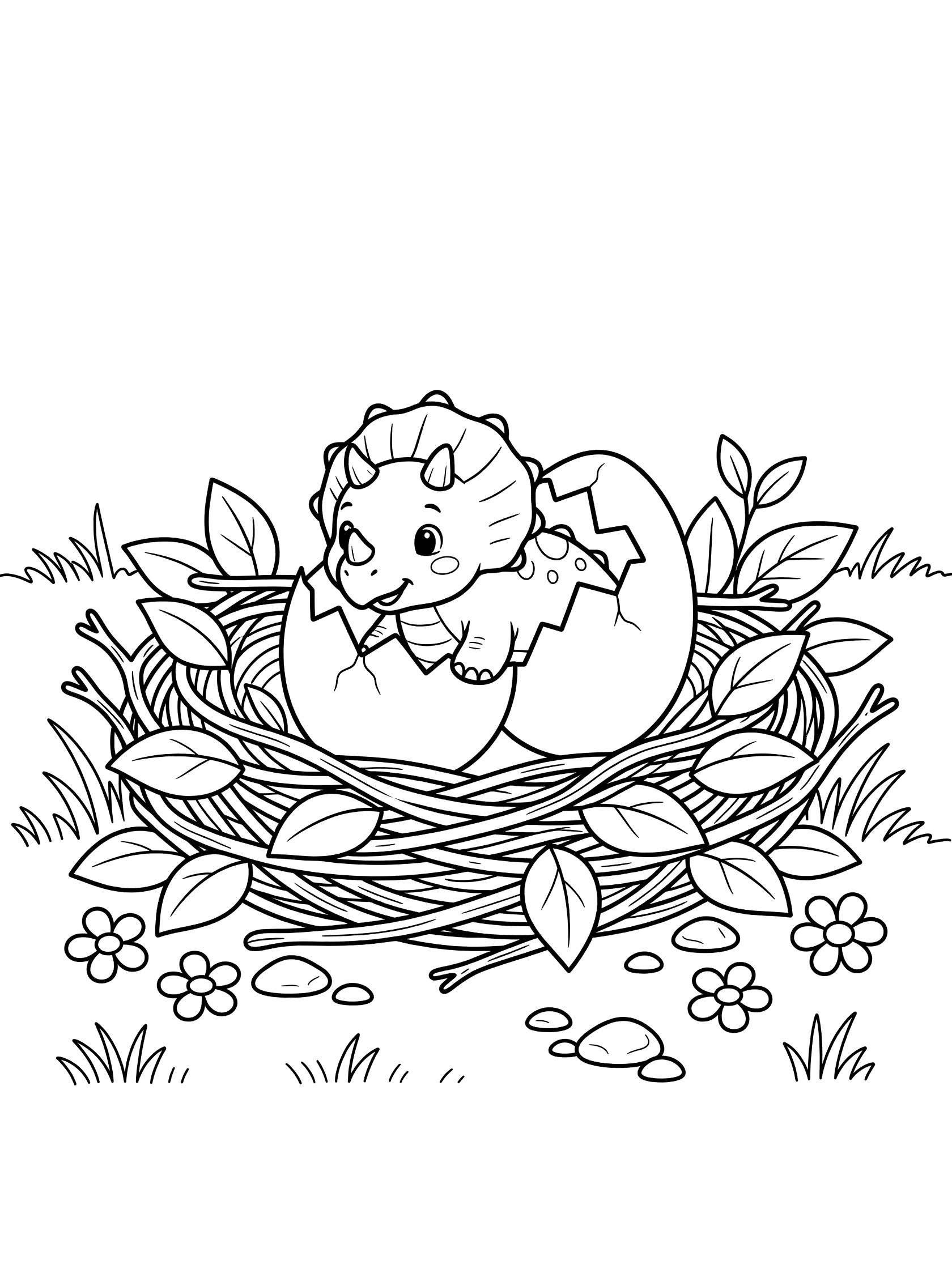 Black and white line art coloring page showing a baby triceratops hatching from a cracked egg in a nest of twigs and leaves, surrounded by small flowers, pebbles and grass.