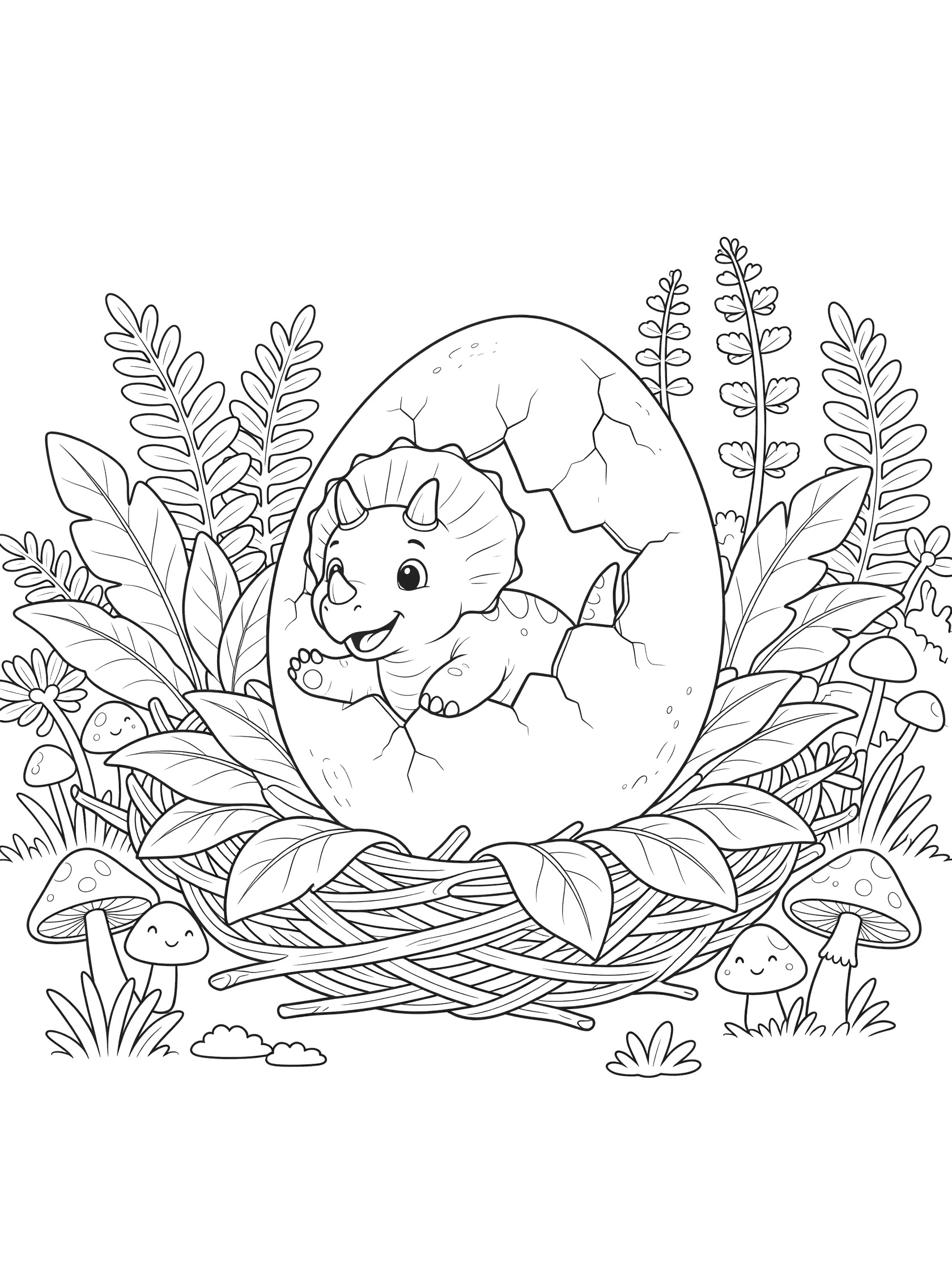 Black and white line art of a baby triceratops with three horns hatching from a cracked egg surrounded by ferns, leaves, mushrooms, and a nest