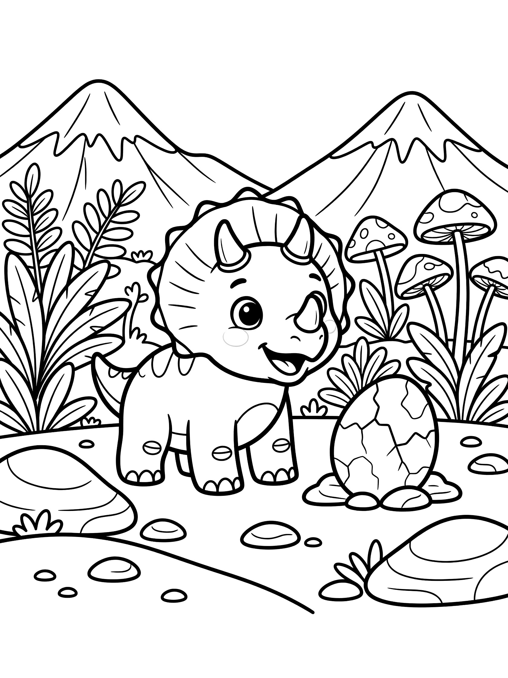 Black and white coloring page of a cute baby Triceratops standing by a cracked dinosaur egg with mountains, plants, mushrooms and rocks in the background.