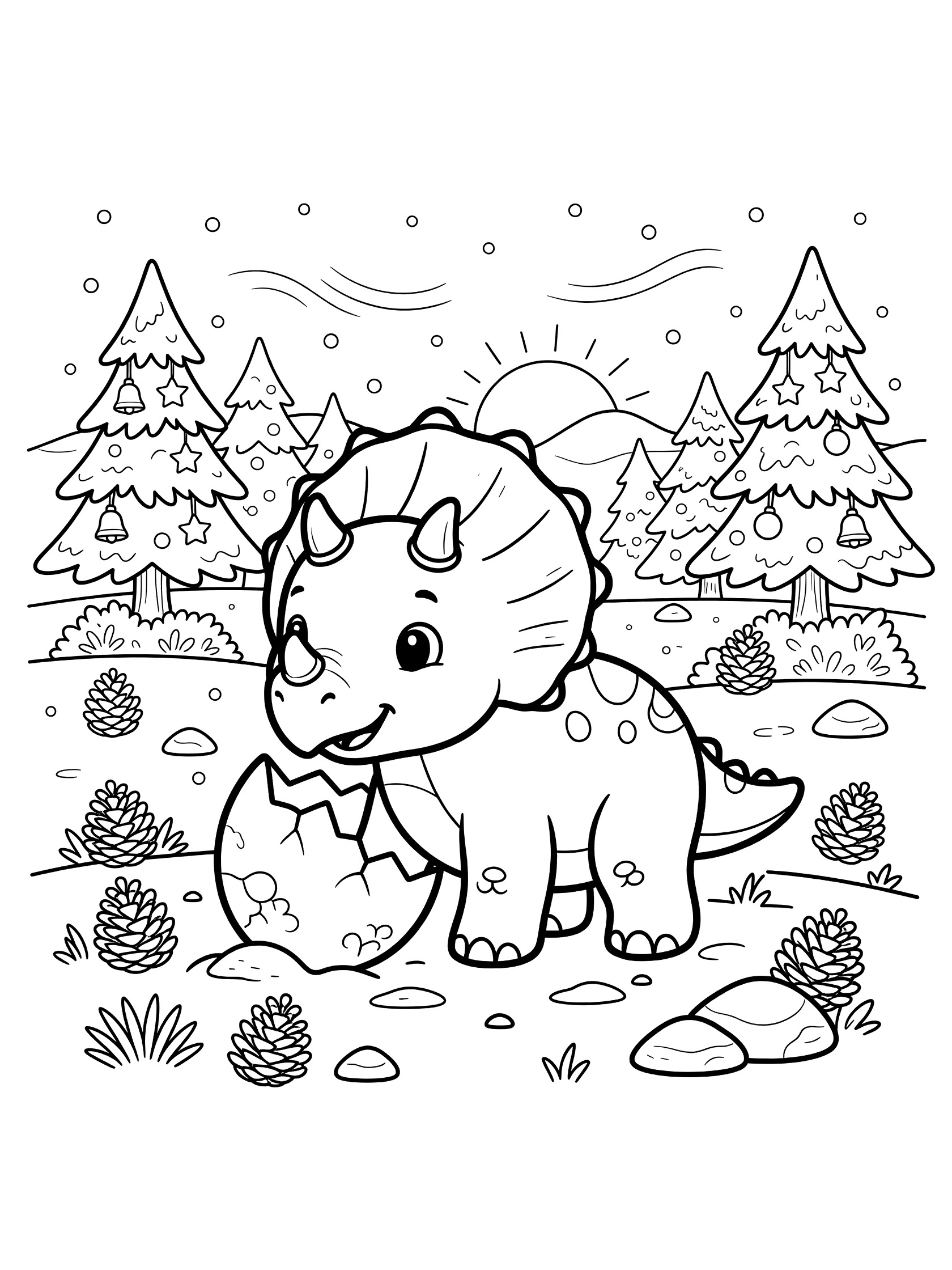 Whimsical doodle coloring page showing a cute baby triceratops hatchling breaking out of an egg in a snowy forest scene with evergreen trees, pinecones, rocks, and a sun.